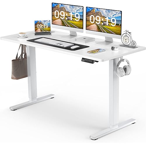 Standing Desk Adjustable Height, 48 x 24 Inchs Electric Standing Desk with 3 Memory Presets, Adjustable Desk Stand Up Desk with T-Shaped Bracket, Ergonomic Computer Desk for Home Office, White