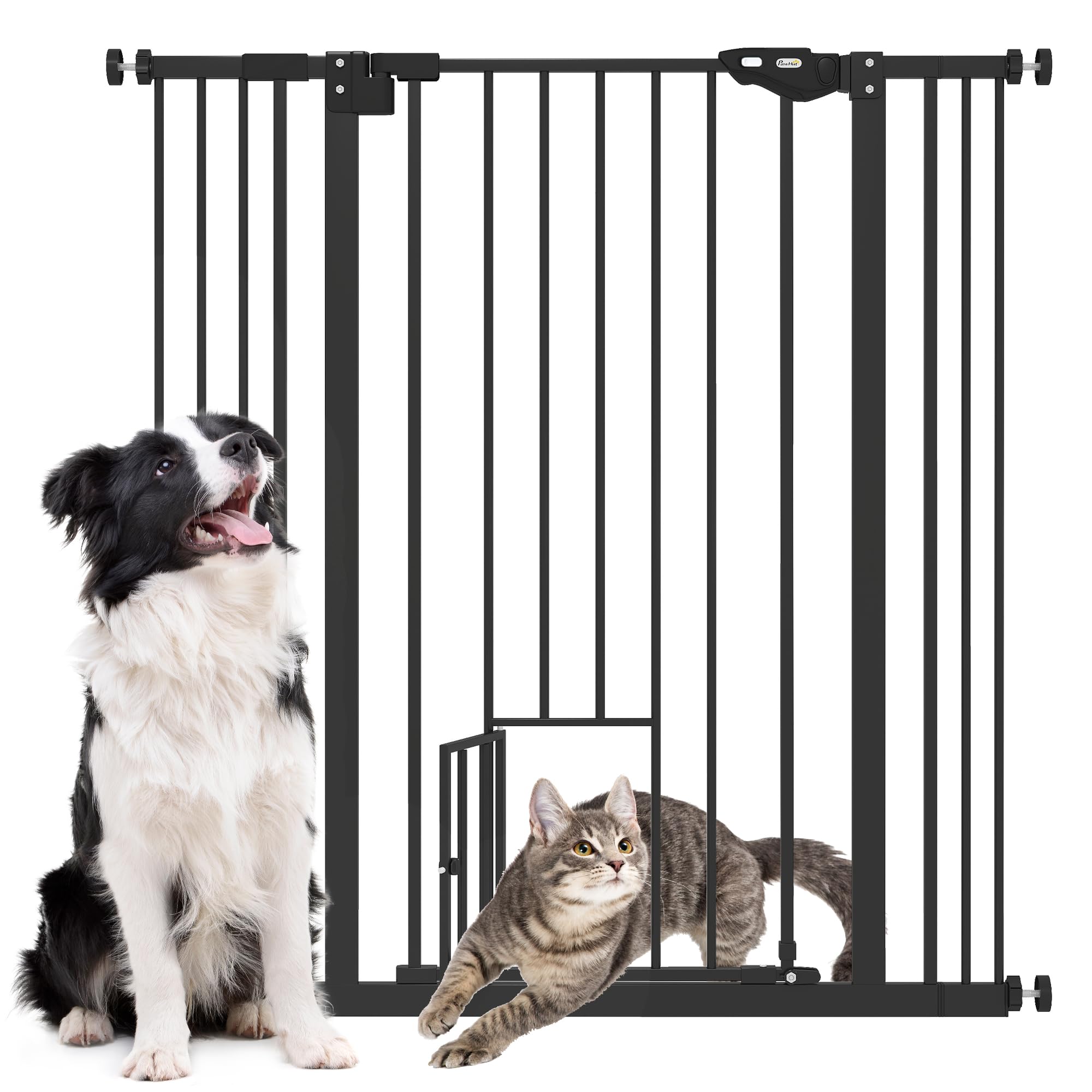 PawHut Extra Tall Dog Gate with Cat Flap, Pet Safety Gate for Doorways Stairs with Auto Close Double Locking, 104 cm Tall 74-101 cm Wide, Black