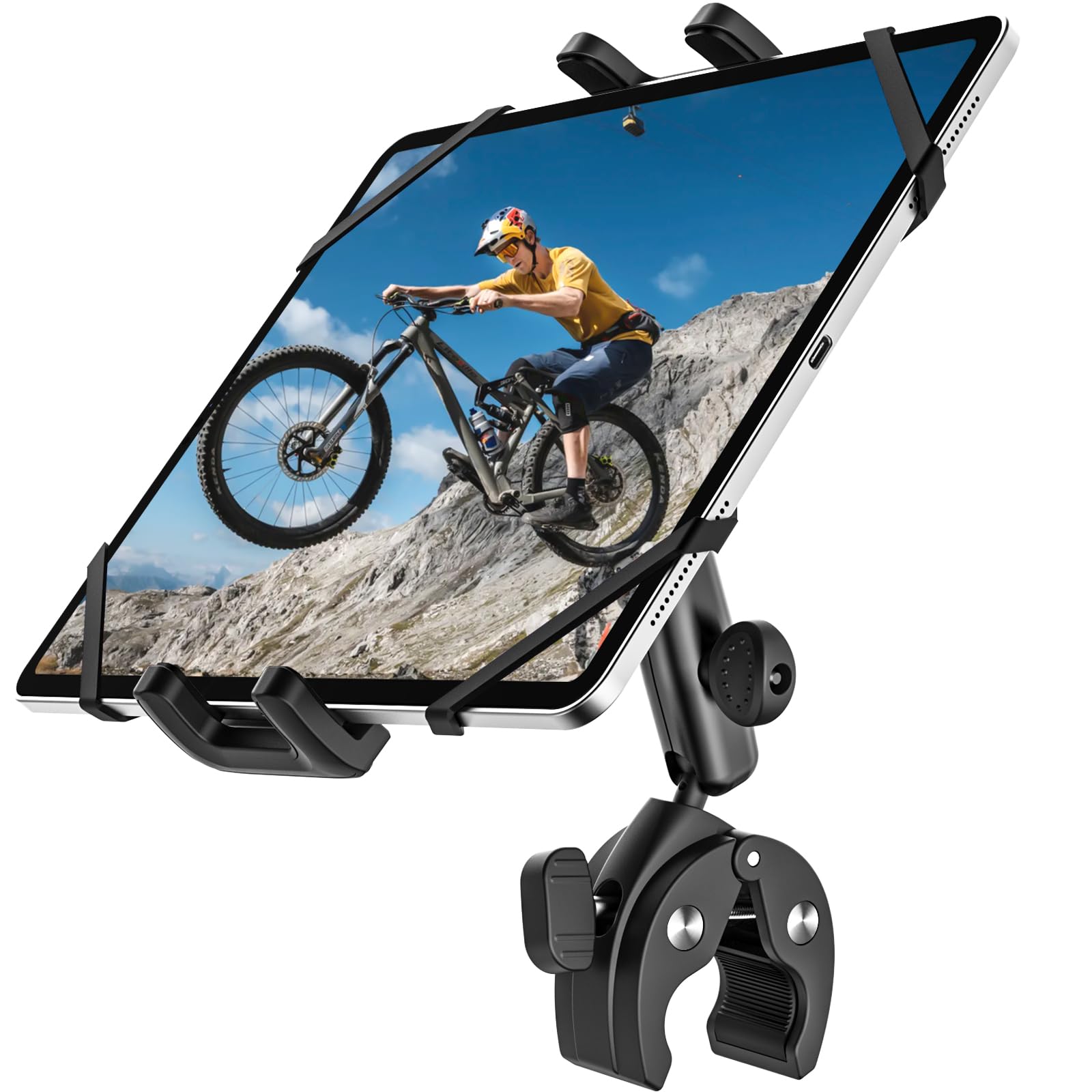 Support Tablette Moto, Universel Support Tablette pour Pied de Micro/Fauteuil Roulant/Tapis de Course/Poussette, 360° Fixation sur Guidon Porte pour 4-13" iPad Pro Air Mini, Galaxy, iPhone