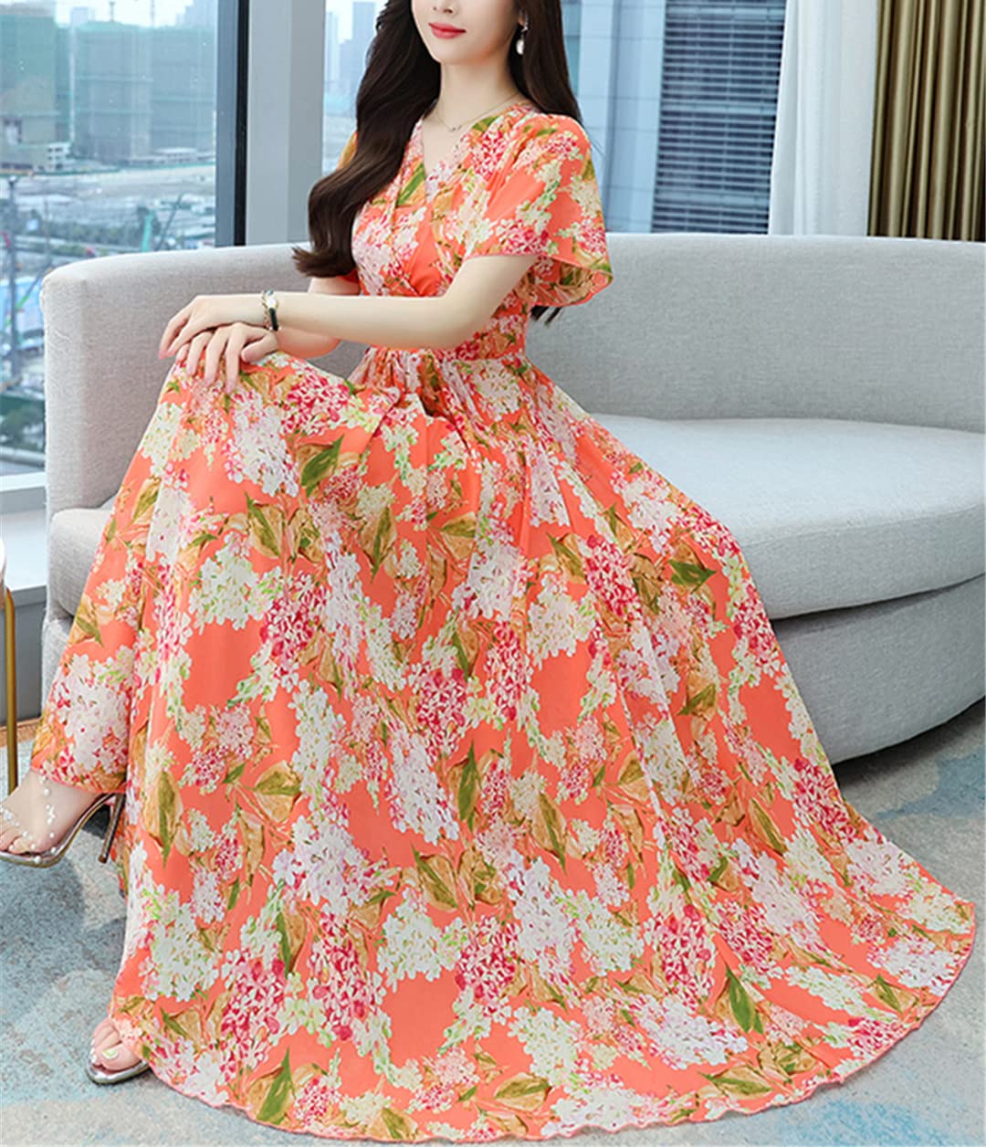 Abito estivo da donna, lungo, in chiffon, floreale, con scollo a V, per feste