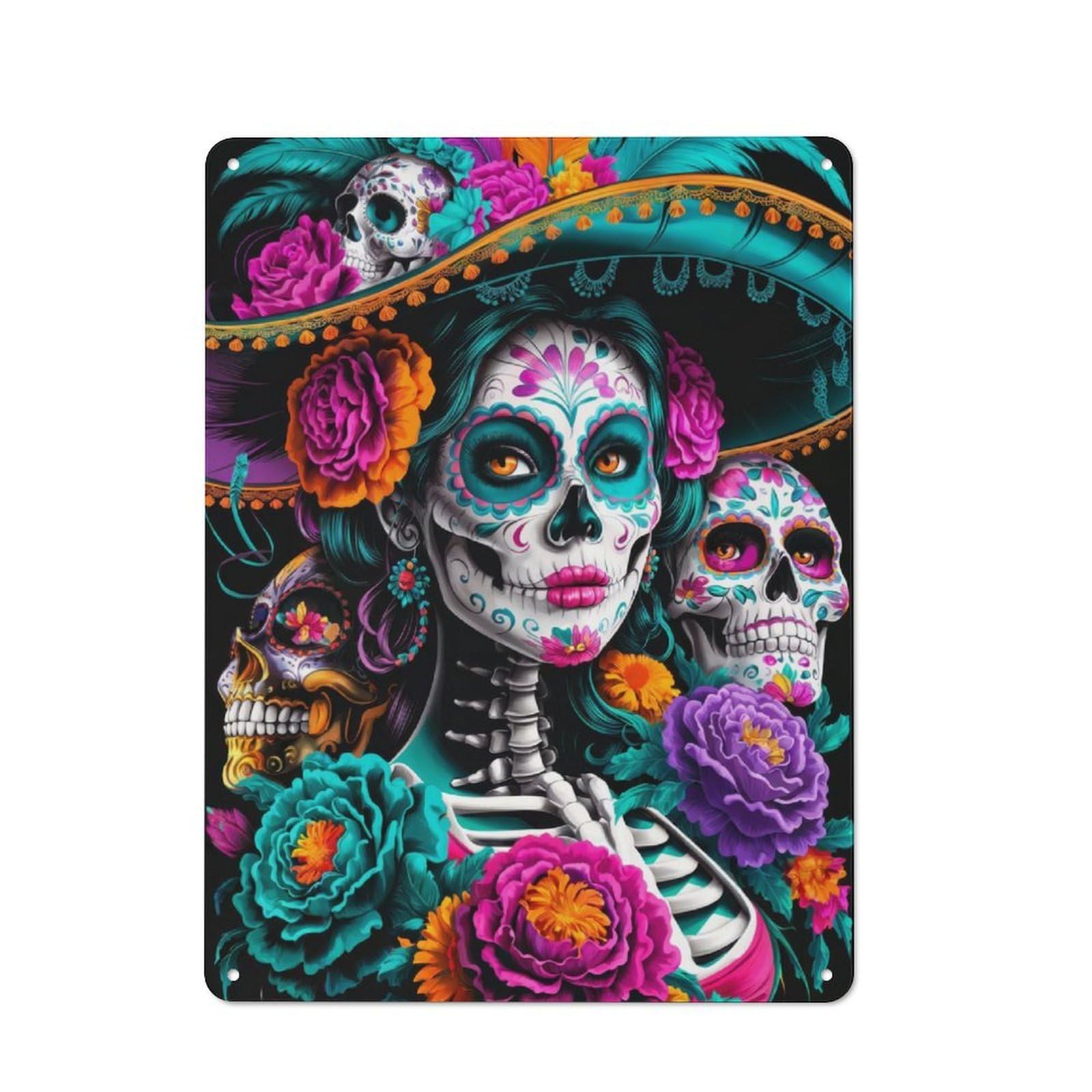 Junmoney Sugar Skull Woman Vintage Metal Sign 40X30cm For Hobby Room Or Studio, Housewarming Present For People Styling Hobby Room And Studio