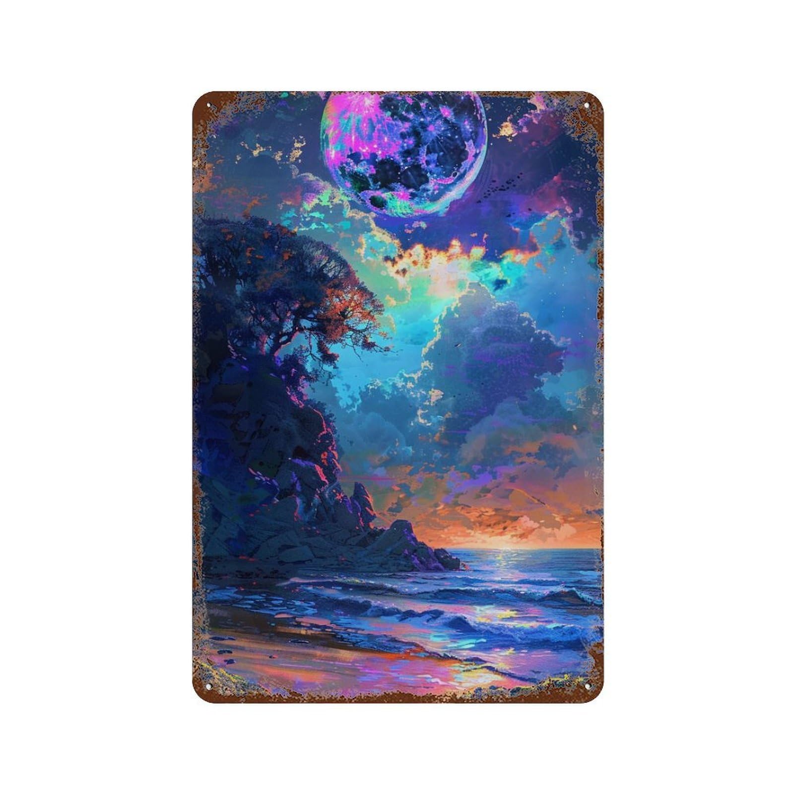 Fantasy Beach Sunset with Moon Rust Effect Tin Sign 11.8"x7.9", Vintage Wall Decor for Garage, Pub Or Kitchen