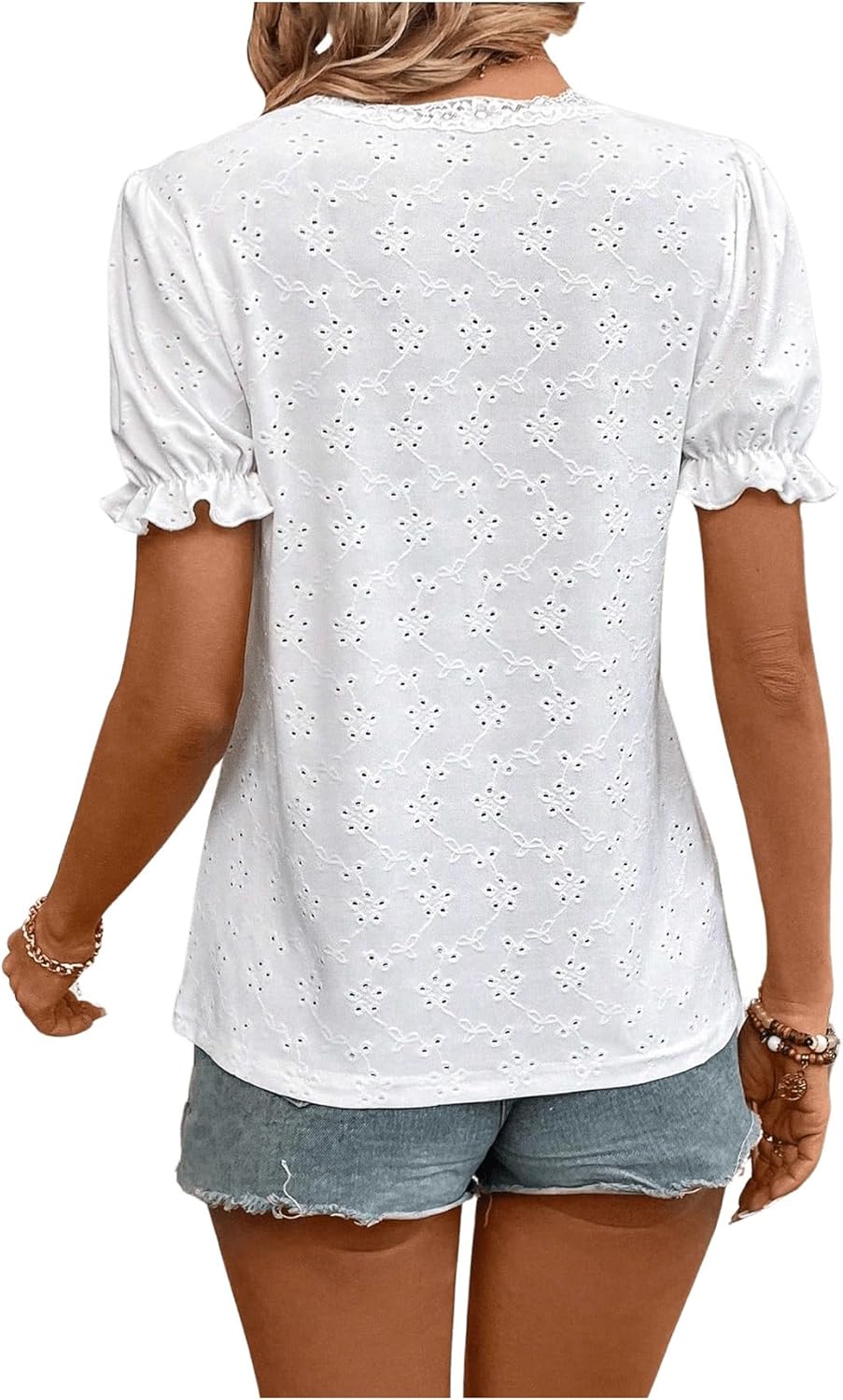 SweatyRocks Women's Puff Sleeve Lace Trim V Neck Eyelet Top Embroidery Blouse - Image 2