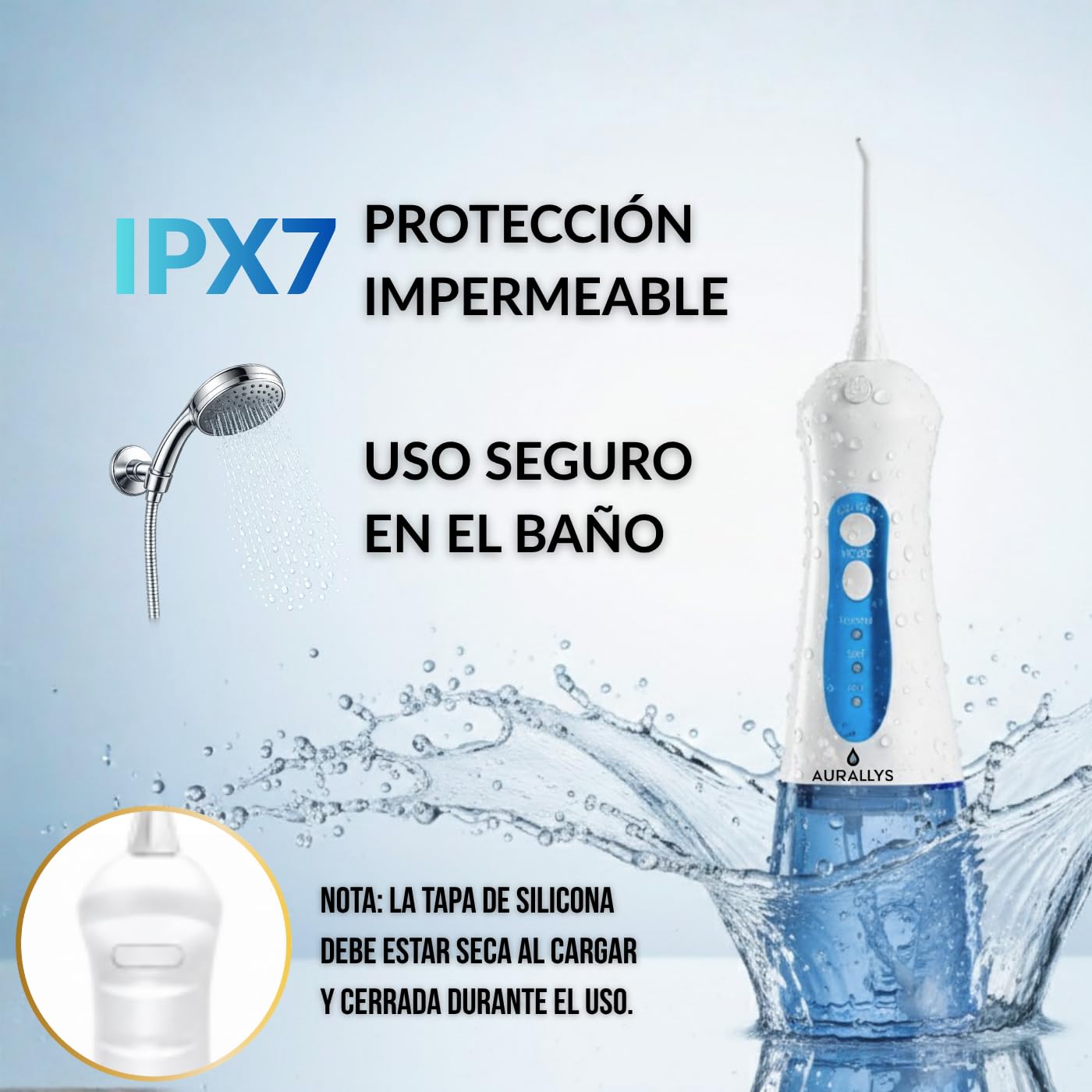 Irrigador Bucal Inalámbrico Aurallys, IPX7 Impermeable, Incluye 7 Boquillas, Batería 2000mAh, Tanque 280ml, 3+DIY Modos, con Modo Personalizable (Azul y Blanco)