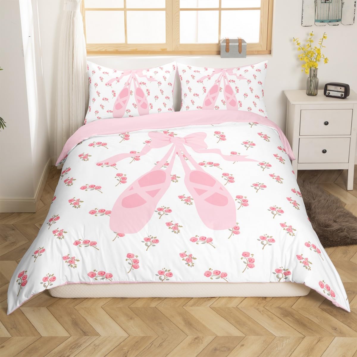 Parure de lit ballerine pour grand lit avec housse et 2 taies d'oreiller roses