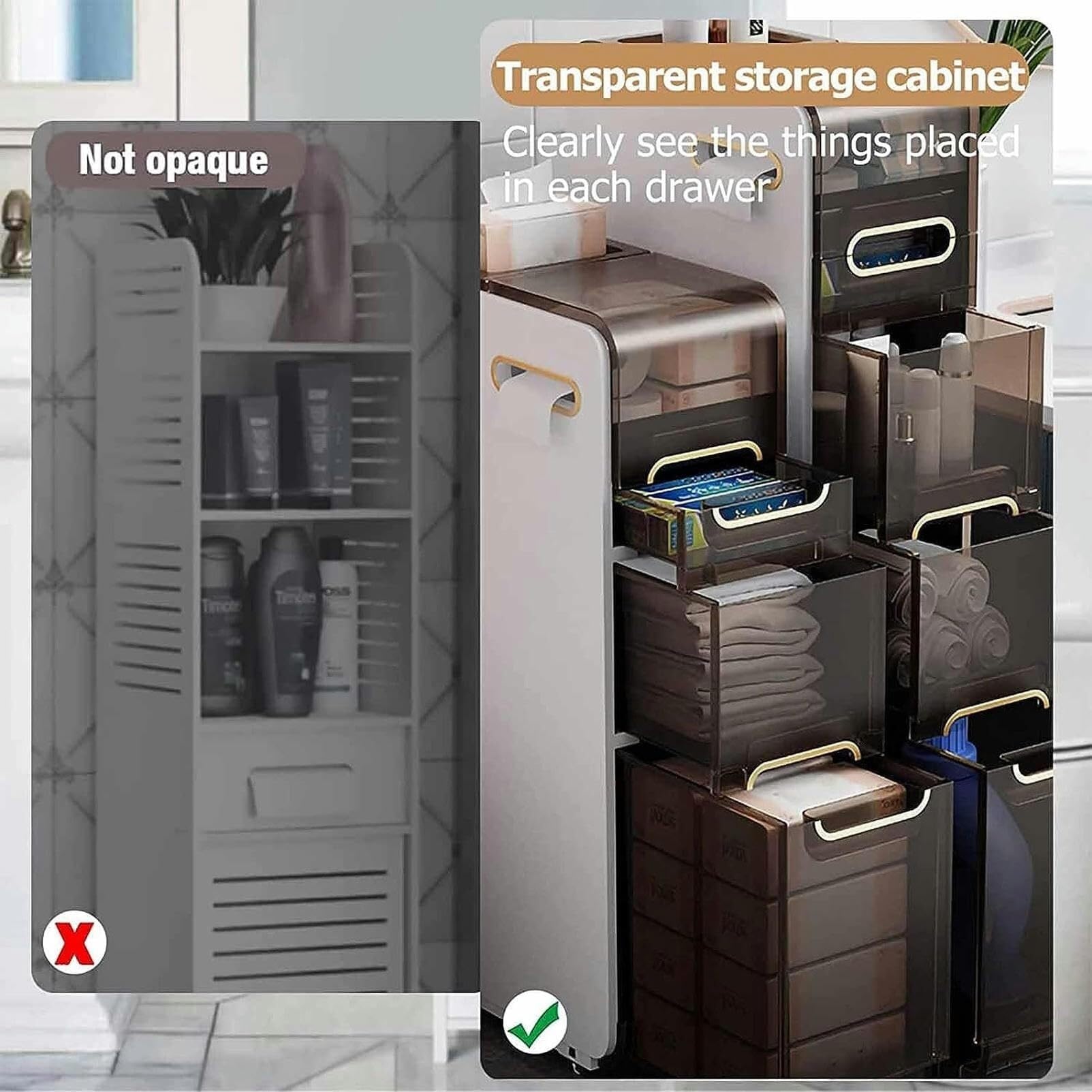 Organizador de piso para baño Delgado en Forma de Torre con cajones transparentes de Gran capacidad y portarrollos, unidad de almacenamiento Vertical para artículos esenc