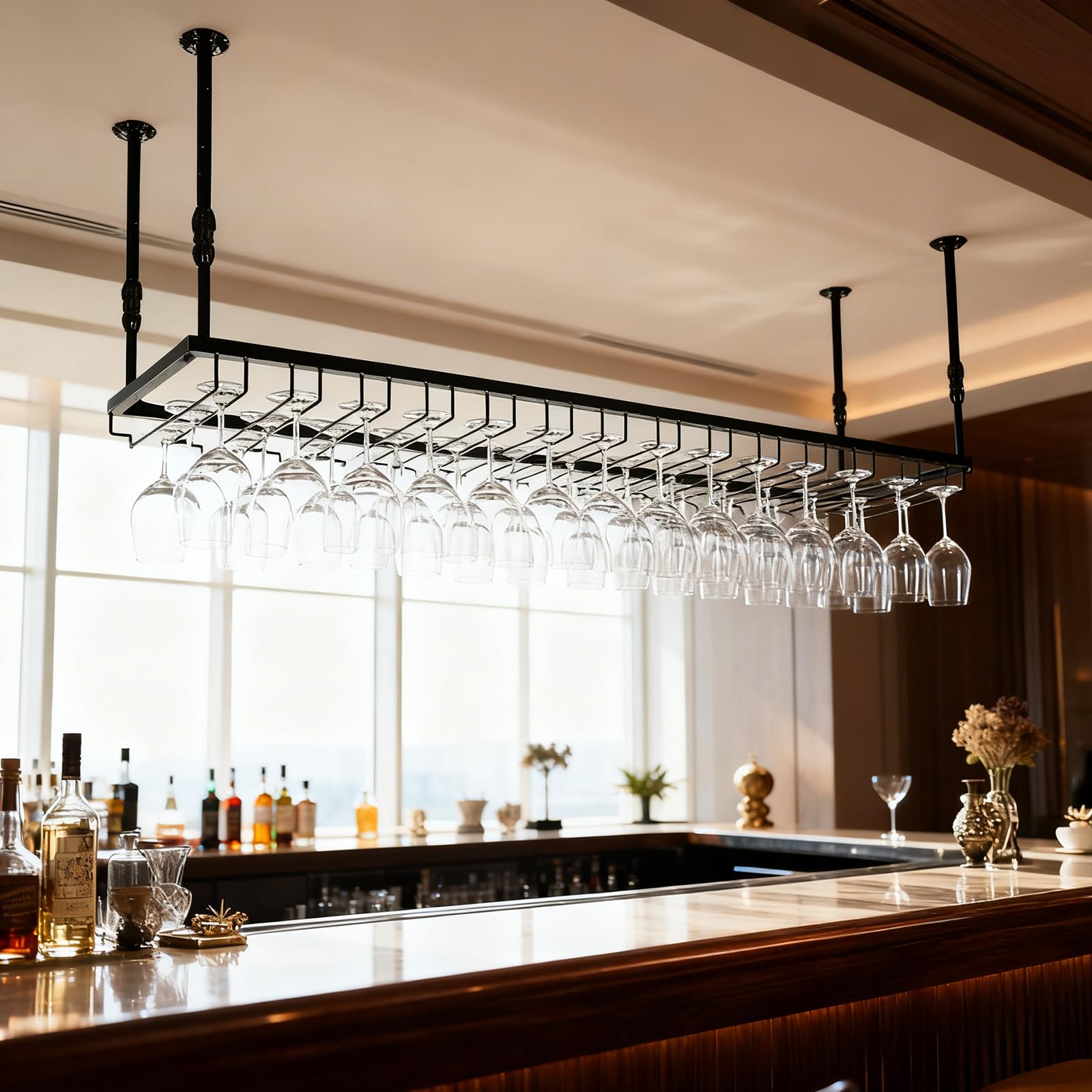 Mensole Sospese Soffitto Alto 30-60cm Regolable Nero 120cm | Portabicchieri Sospeso Metallo, Porta Calici Sospesi Salvaspazio per Sala da Pranzo Home Bar/ Cucina (bk, 120x40x(30-60) cm)