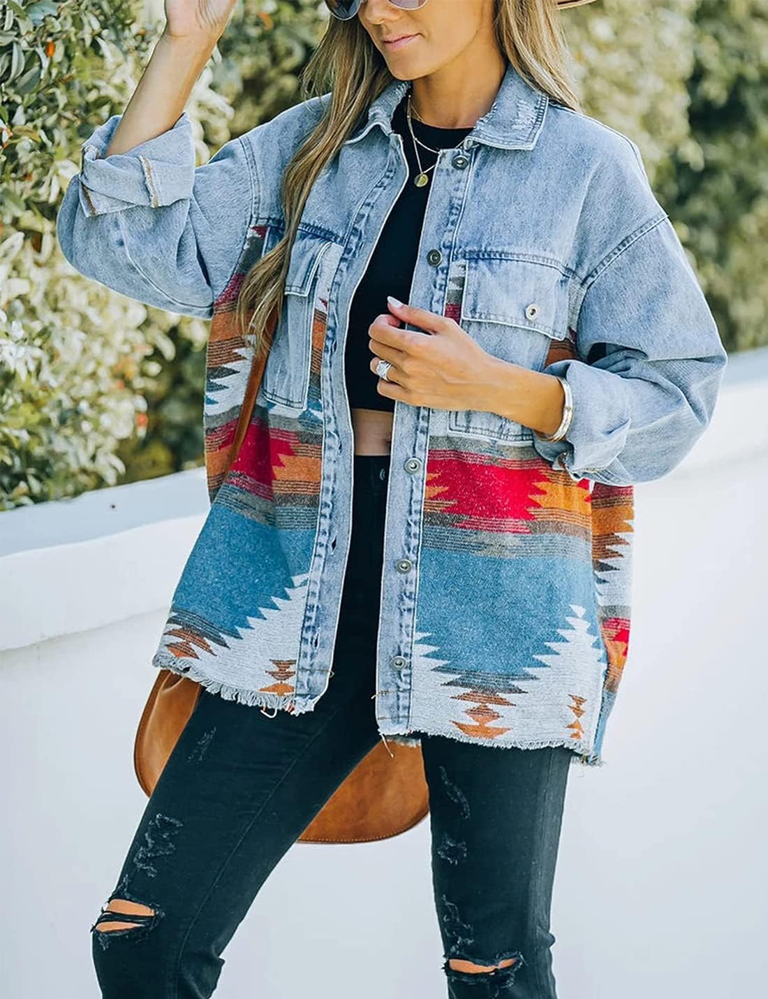 VIEWON Womens Aztec Print Shacket Jacket Western Long Sleeve Button Down Lightweight Casual Lapel Shirt Blouses Tops - Image 3