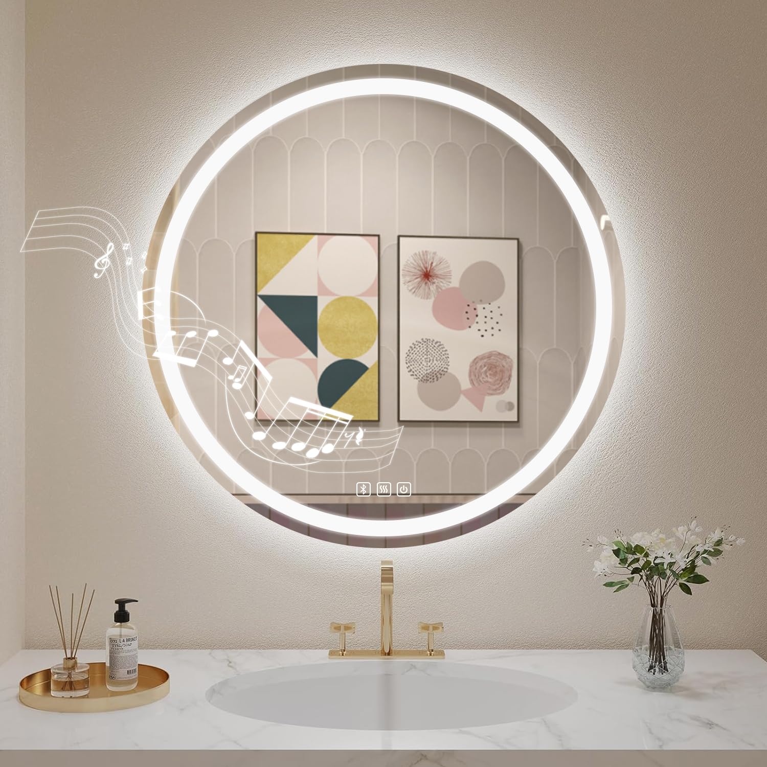 Habison Espejo de baño redondo LED de 70 x 70 cm, espejo Bluetooth, antivaho, interruptor táctil, regulable LED espejo de baño con luz blanca cálida/fría/luz neutra para baño