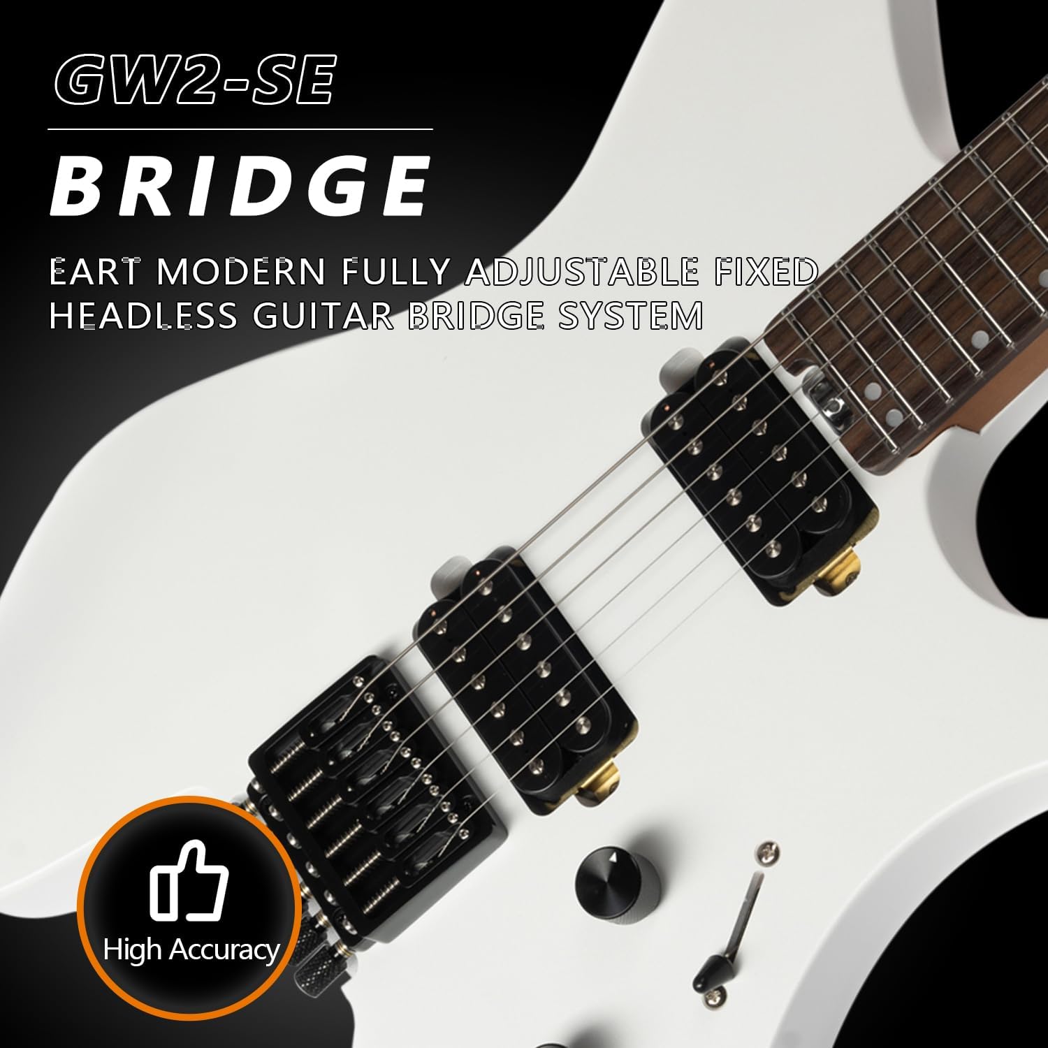 EART GW2-SE 25.5" Headless Electric Guitar with Roasted Mahogany Body, Artones-H2SE Pickups, Stainless Steel Frets & Adjustable Bridge (Black/White/Blue) - Professional Compound Radius Design