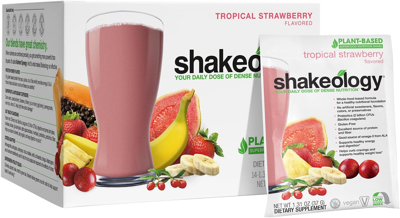 BODi Shakeology Plant-Based Vegan Protein Powder – Gluten-Free Superfood Shake with Vitamins & Minerals – Helps Support Healthy Weight Loss & Gut Health, Tropical Strawberry, 14 Individual Packets