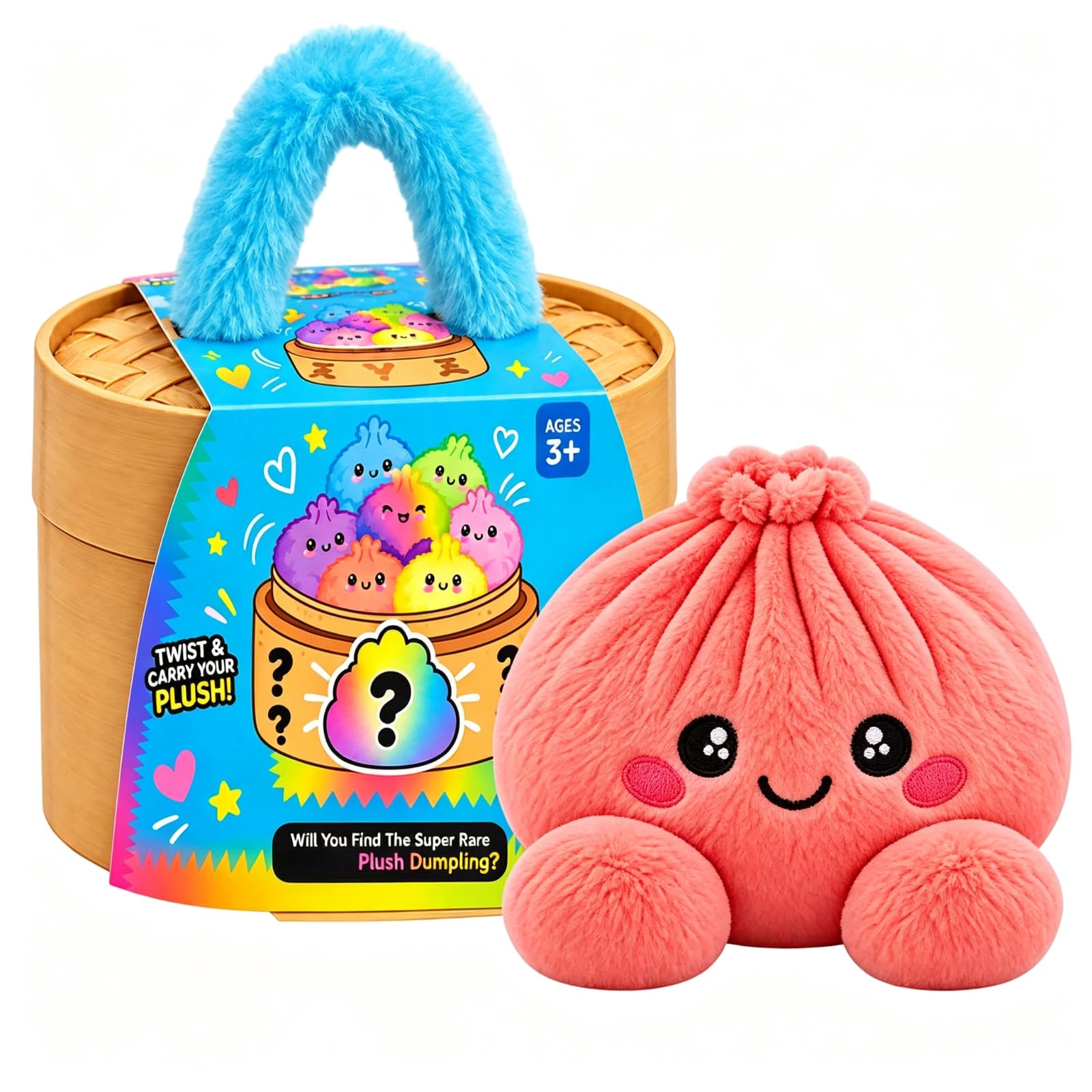 Plush Dumpling Mystery Squishy Bao Bun with Steamer Blind，Hot Pink