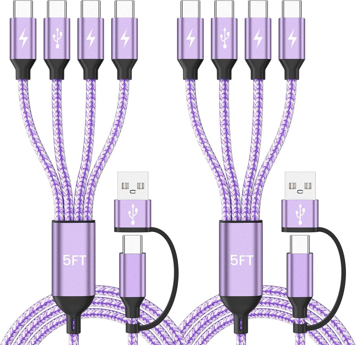 USB C Splitter Multi Charging Cable for Multiple Devices, Purple, 2Pack 5FT | USB C to USB C Cable with 4 X Type-C, Travel Holiday Essentials Phone Charger Cord for iPhone 17/16/15, Galaxy, Android