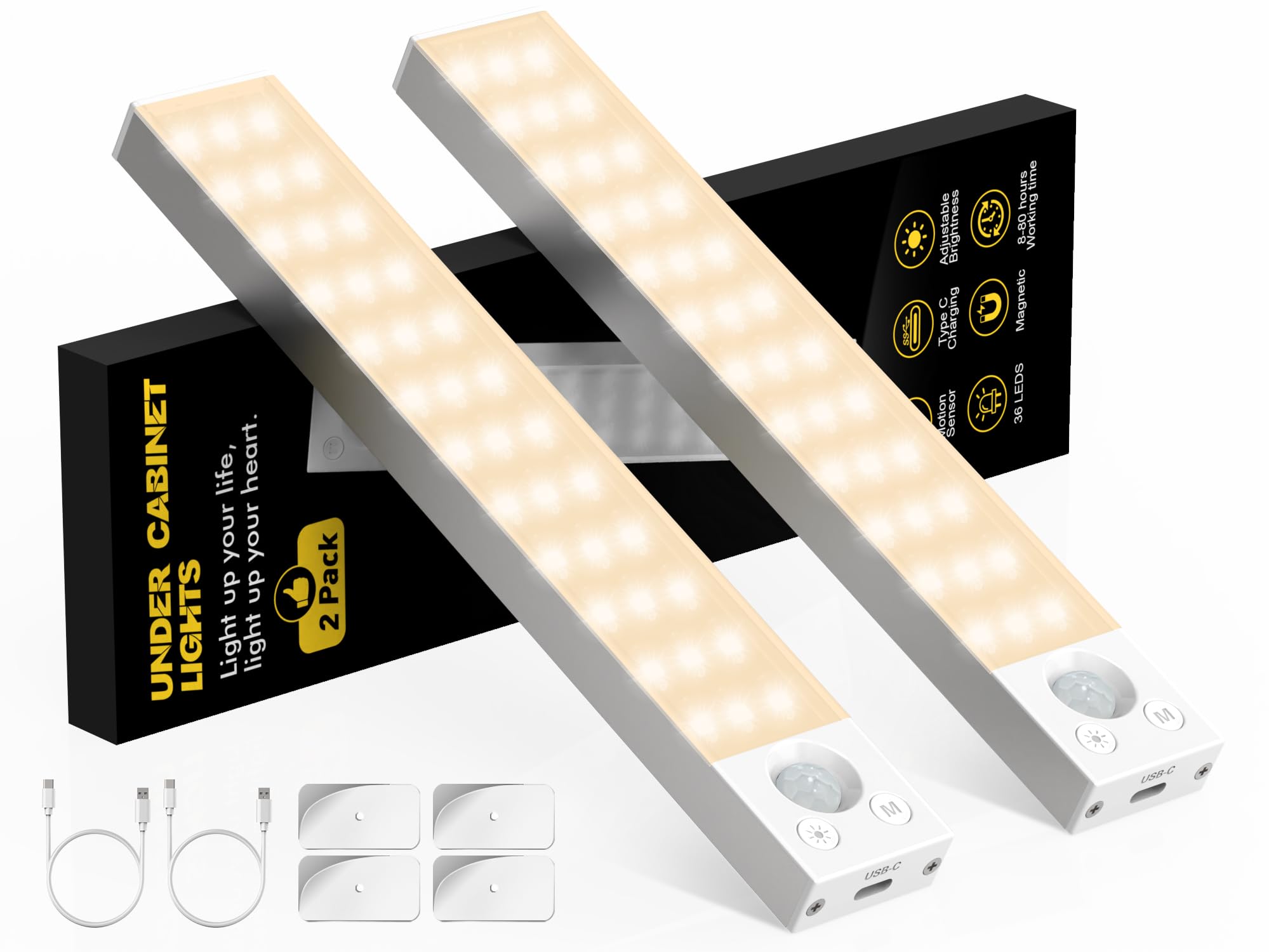 Under Cabinet Lights,2 Pack Dimmable Motion Sensor Light indoor,36LED 1800mAh Rechargeable Under Cabinet lighting wireless,Closet lights Under Counter lights for Kitchen Drawers,Wardrobe,Stair Bedroom