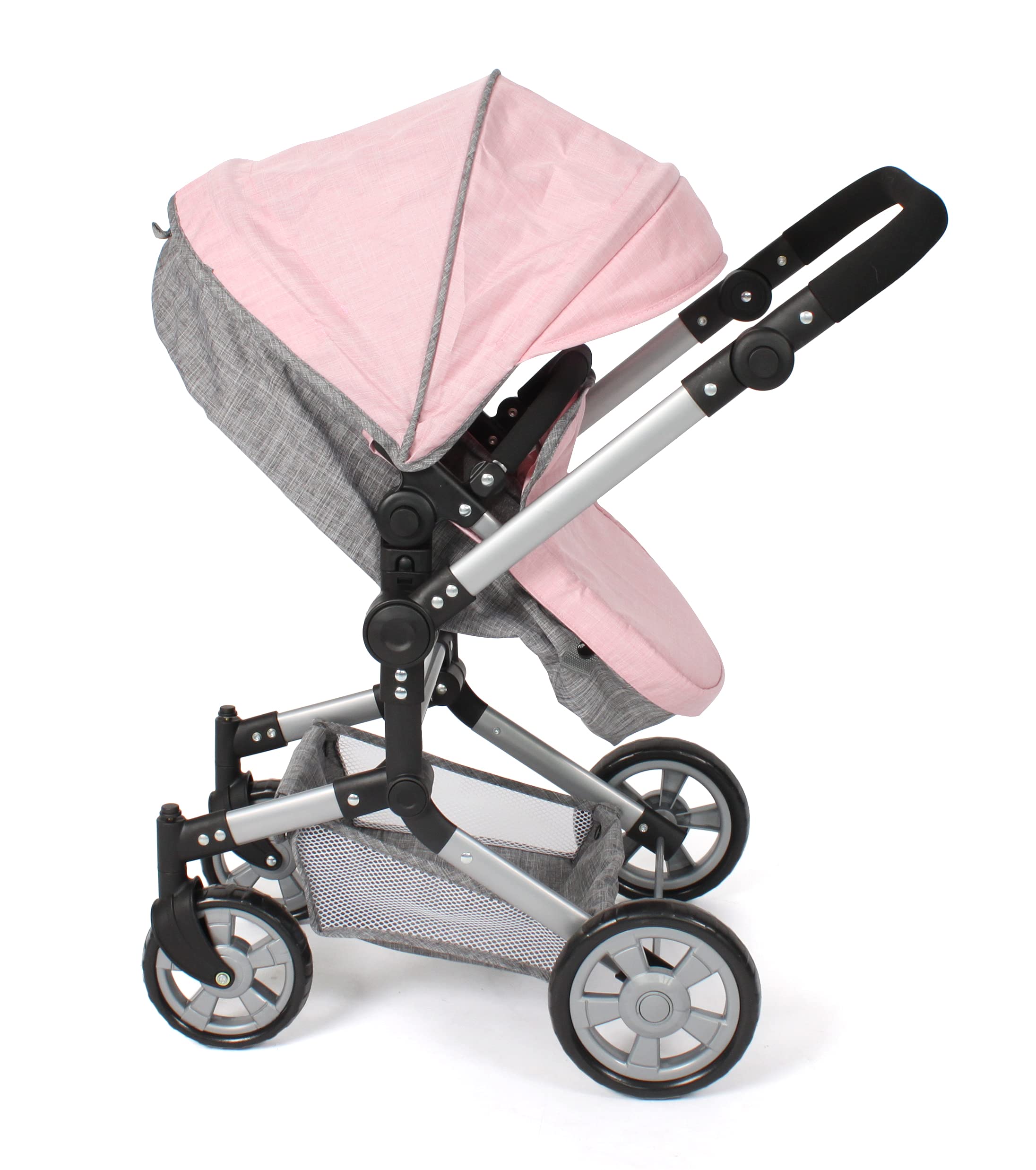 Bayer Chic 2000 Puppenwagen Linus | 2in1 Kombi-Buggy Melange Grau-Rosa | Großer 2in1 Kombi-Puppenwagen mit umwandelbarer Wanne für Puppen bis 52 cm. Melange Grau-Rosa, hoher Griff 47-78 cm.
