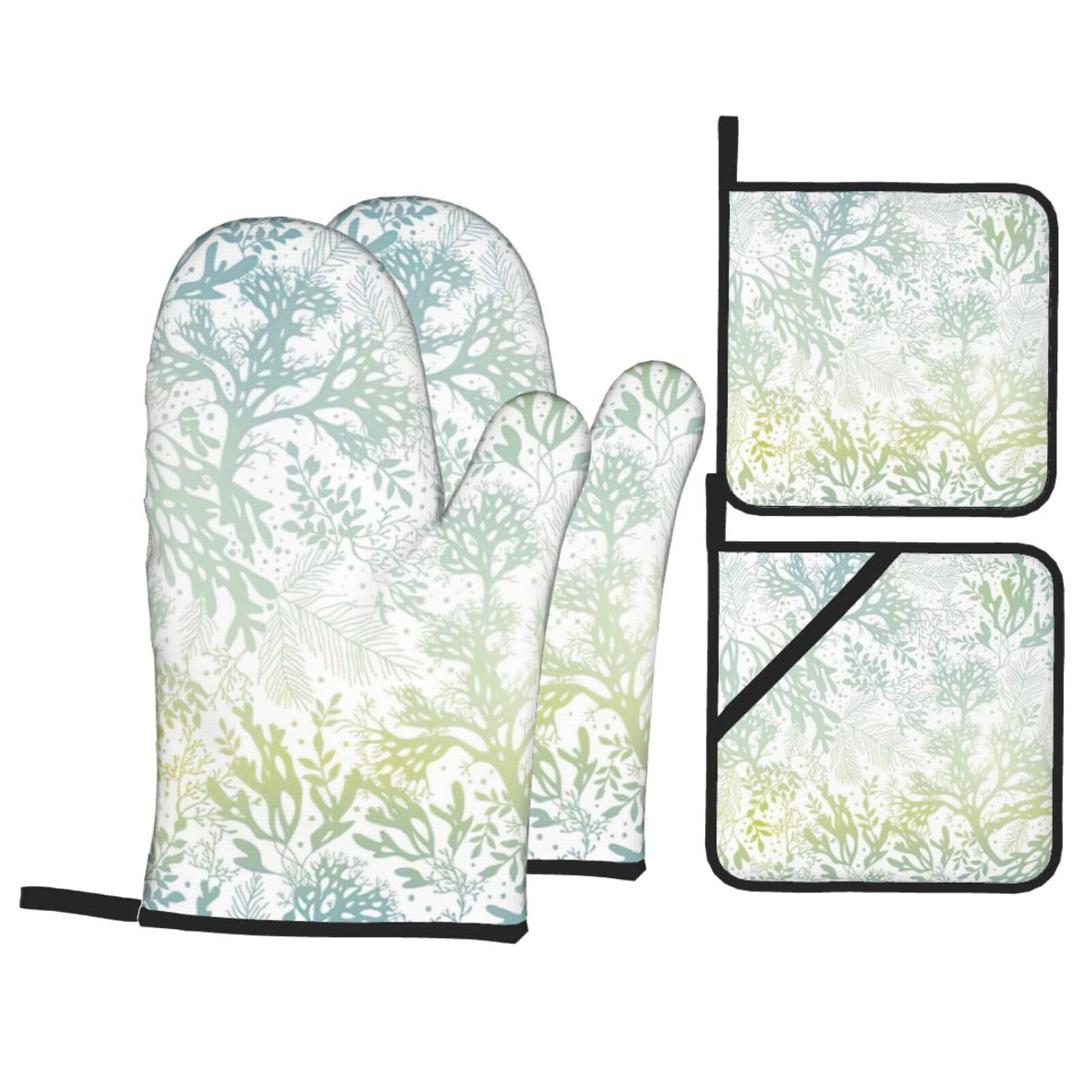 Nimongt Black Green Sea Blue Seaweed Print Heat-Resistant 4-Piece Oven Kitchen Gloves For Baking Cooking Microwaving Essentials
