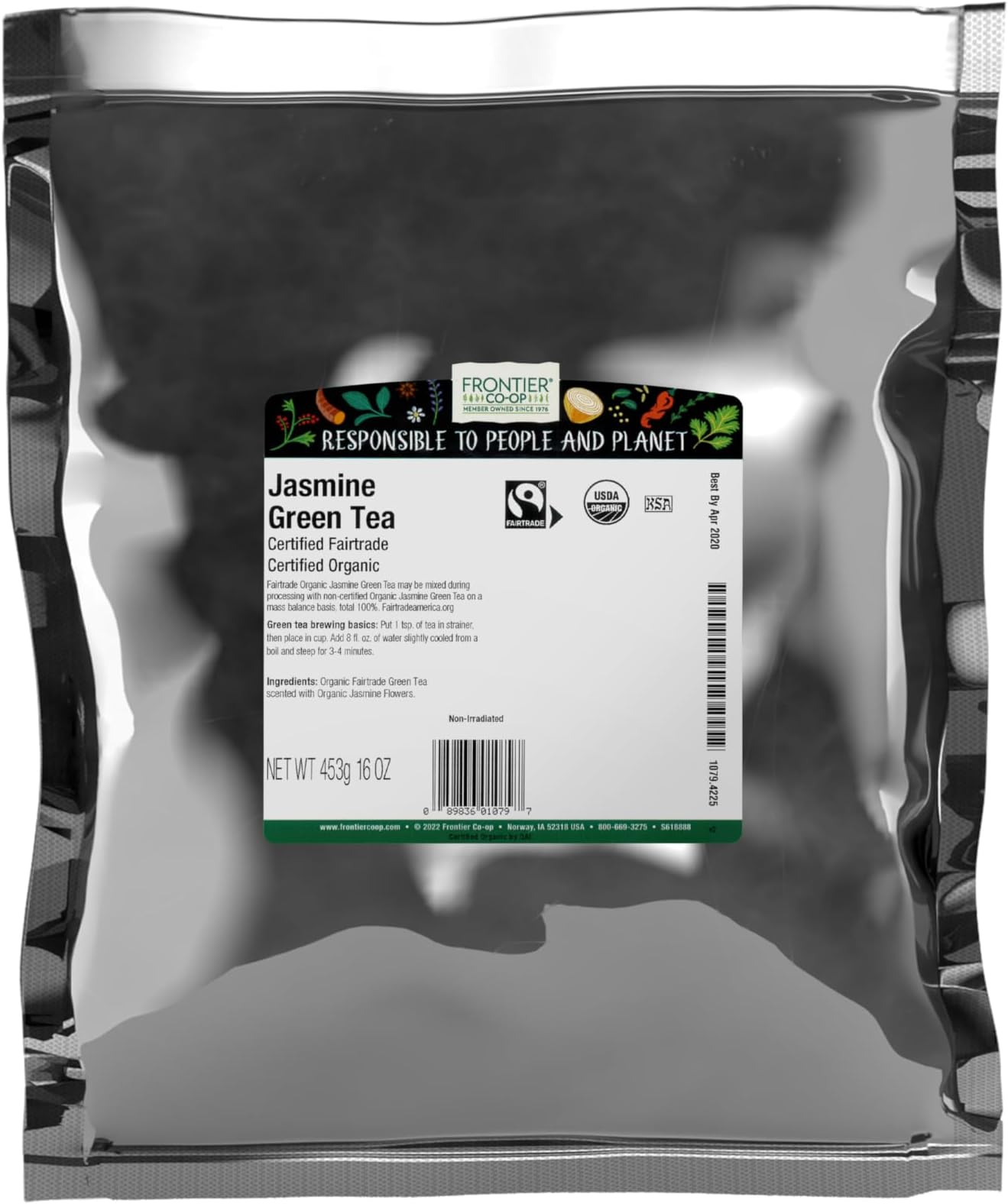 Frontier Co-op Organic Fairtrade Jasmine Green Tea, All Natural Loose Leaf Tea Leaves, Kosher | 16 Ounce (Pack of 1)