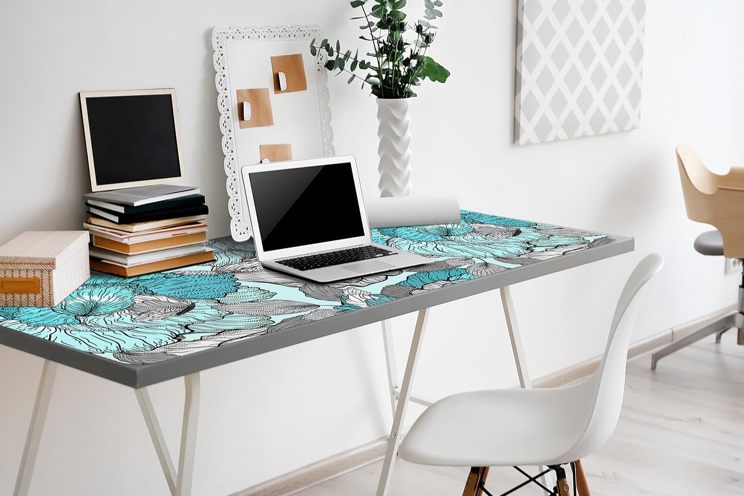 Sottomano da Scrivania 100x50 cm in Vinile PVC Protezione e Decorazione Facile da Pulire Superficie Protettiva per Ufficio e Casa Antiscivolo Impermeabile - Scarabocchio di fiori