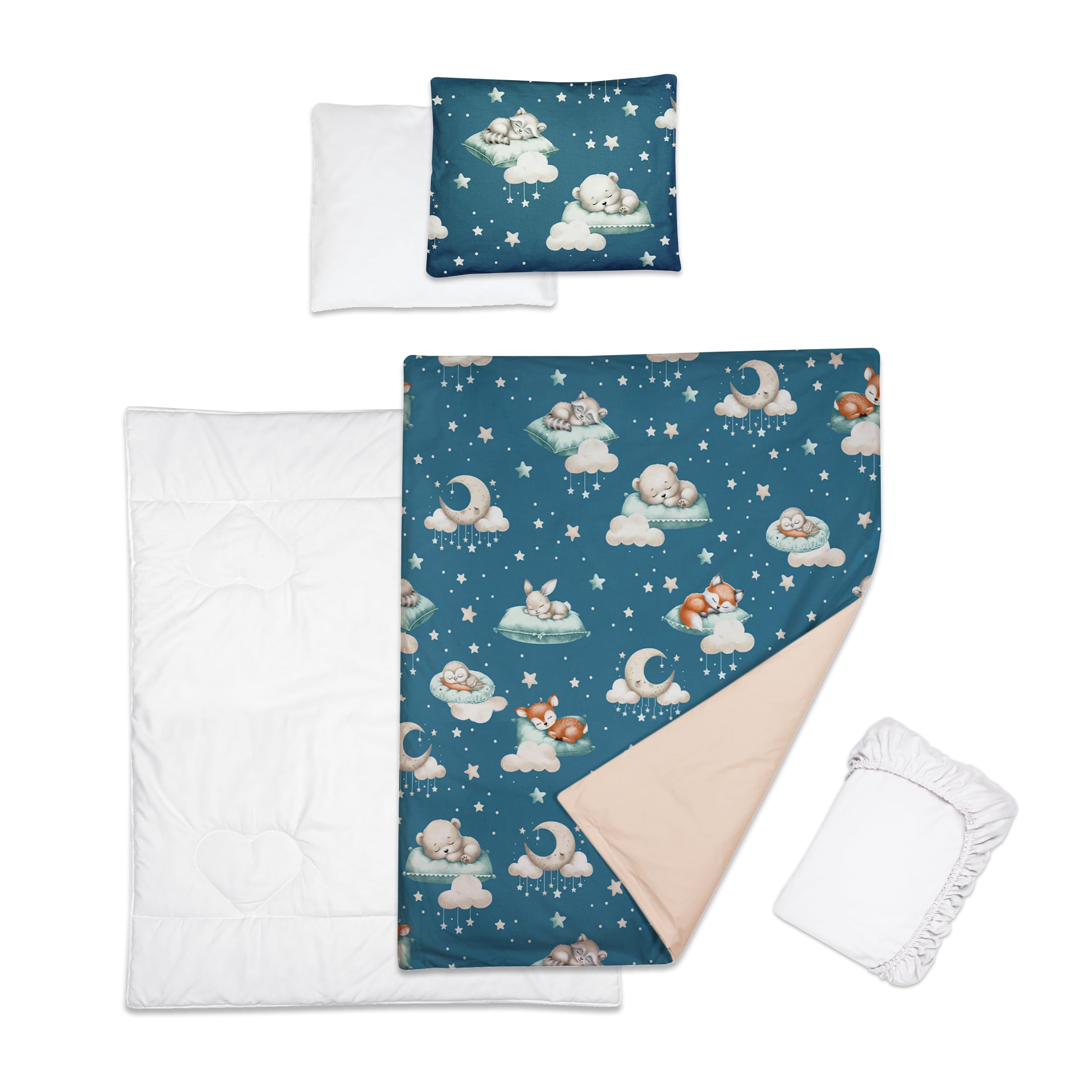 Baby Comfort 5 Piece Toddler Bedding Duvet Pillow with Covers & Jersey Sheet fits 90x55cm Bedside Crib 12M+ (Sleepers)