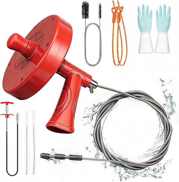 Drain Snake Auger 33FT, 8 PCS Plumbing Snake Kit for Easy at Home Beginner Friendly Drain Clog Remover, Flexible Sink & Toilet Auger, Reusable Drain Cleaner with Splash-Proof Gloves - 1