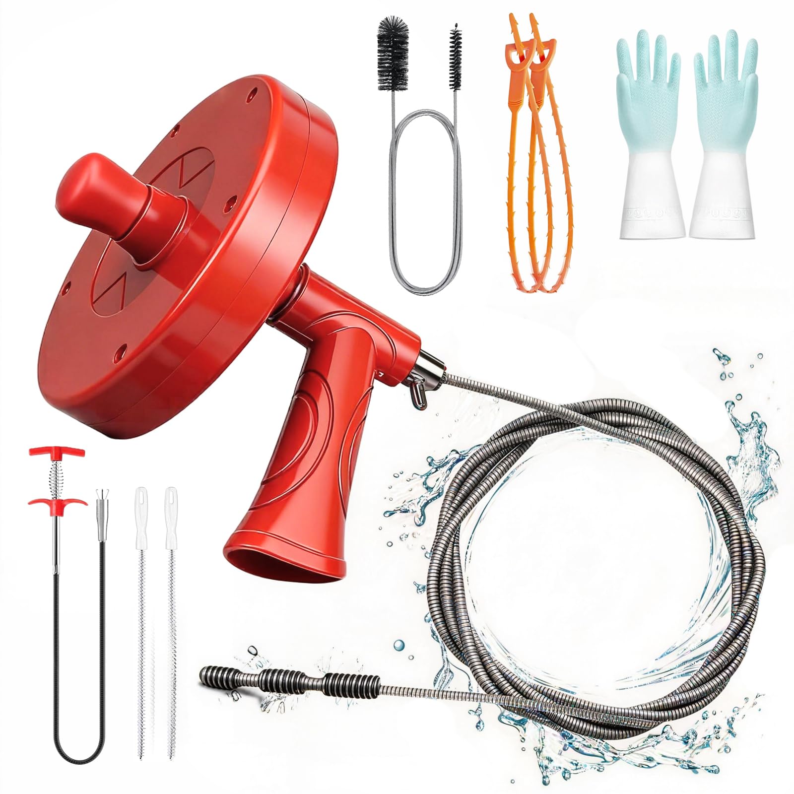 Drain Snake Auger 33FT, 8 PCS Plumbing Snake Kit for Easy at Home Beginner Friendly Drain Clog Remover, Flexible Sink & Toilet Auger, Reusable Drain Cleaner with Splash-Proof Gloves