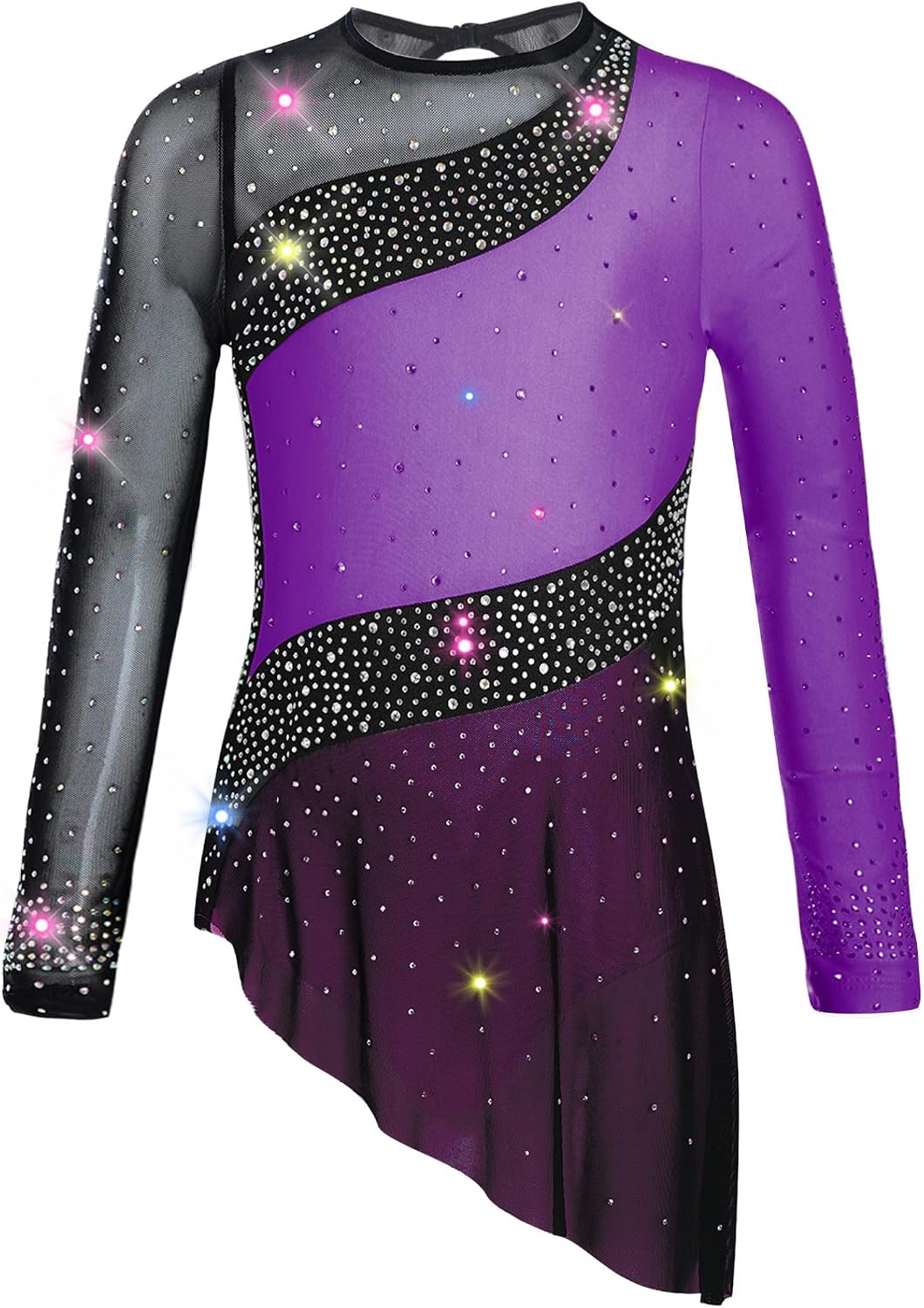 Kids Girls Long Sleeve Figure Skating Dress Sparkly Gymnastics Leotard Ballet Modern Lyrical Dance Dress