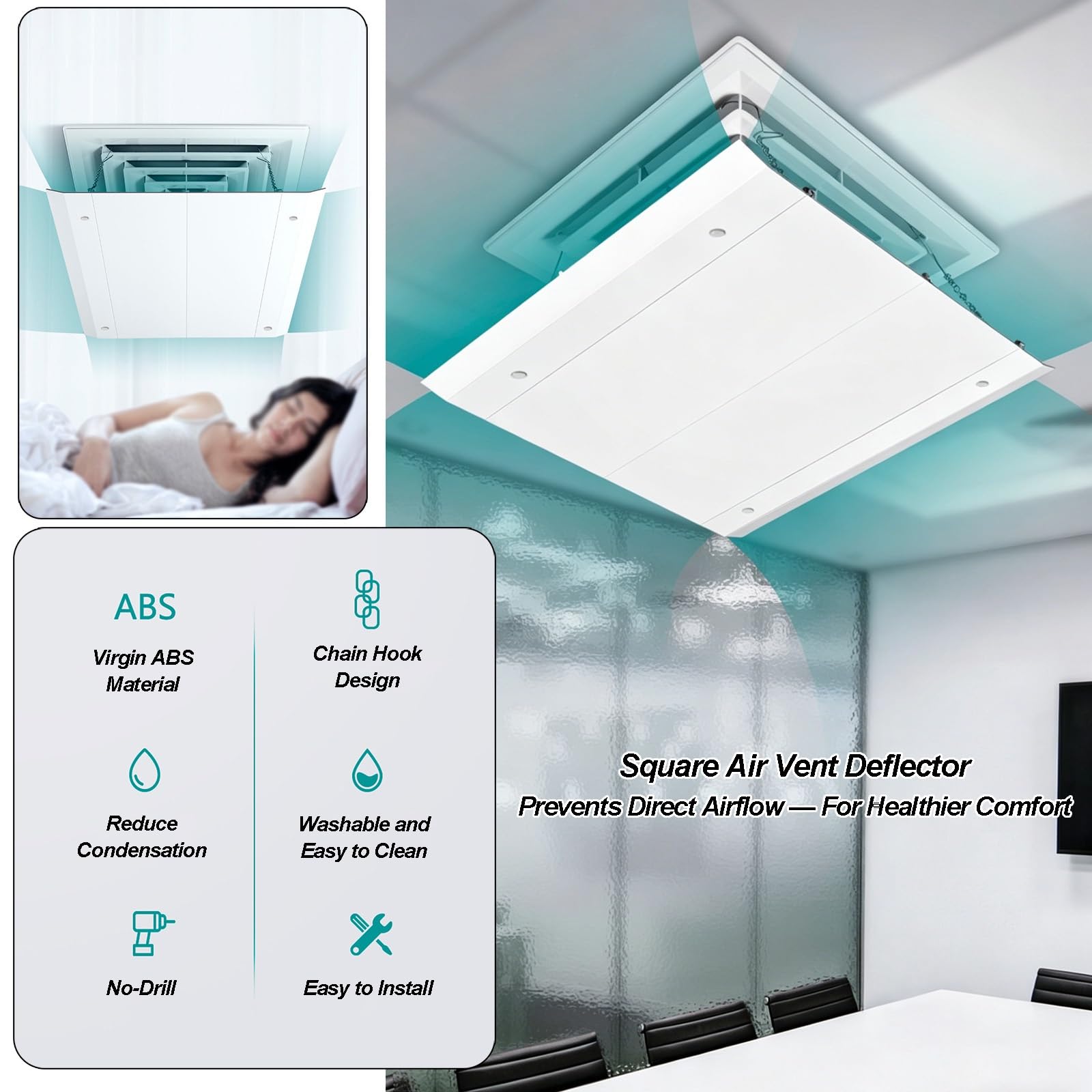 Deflettore Condizionatore Quadrato per Climatizzatori Centralizzati, Deflettore Aria Condizionata per Bocchette a Soffitto, Design con Ganci a Catena(45x45cm/18x18in)