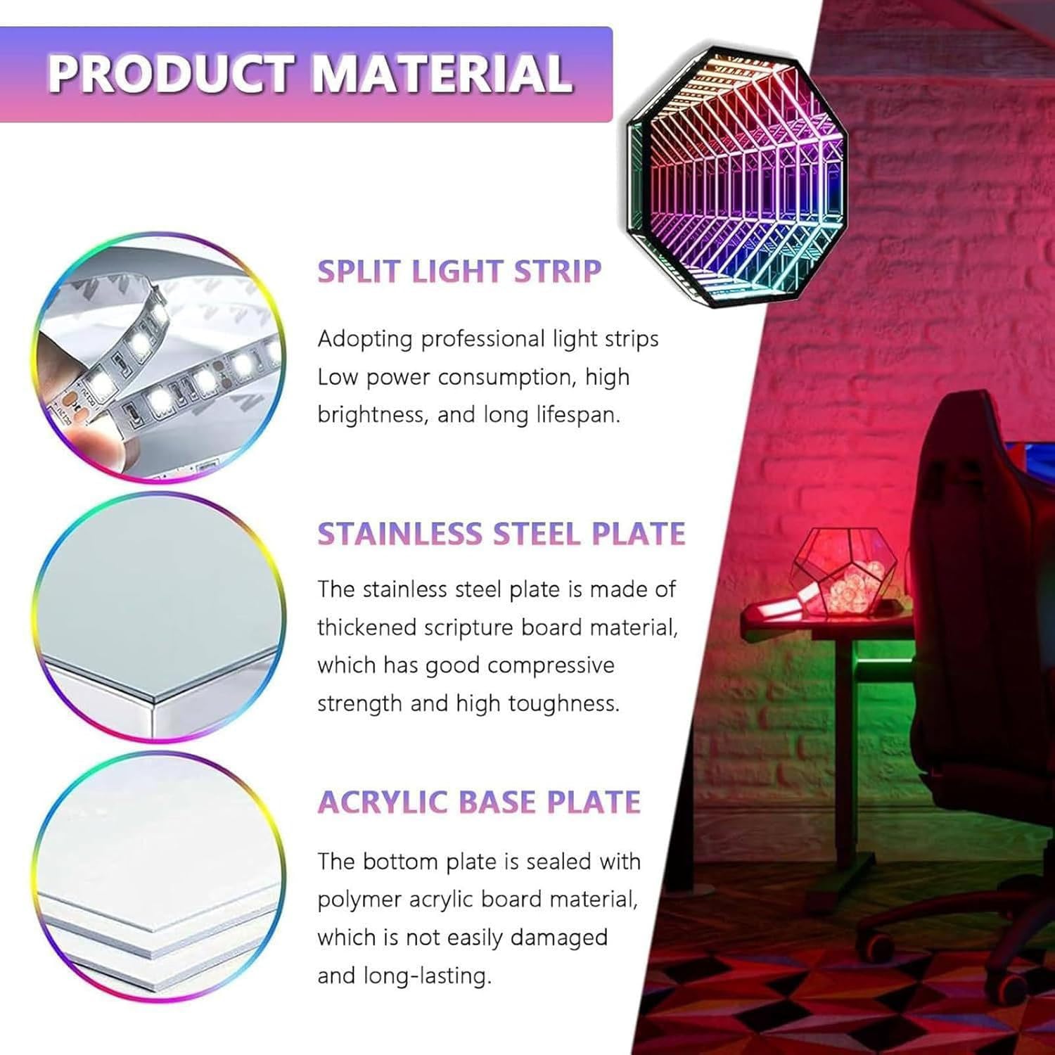 Lampada a LED a specchio Infinity con lampada notturna a tunnel 3D remota per la stanza sensoriale, illuminazione dell'umore reattiva della musica per l'arredamento di gioco della camera da letto, ins