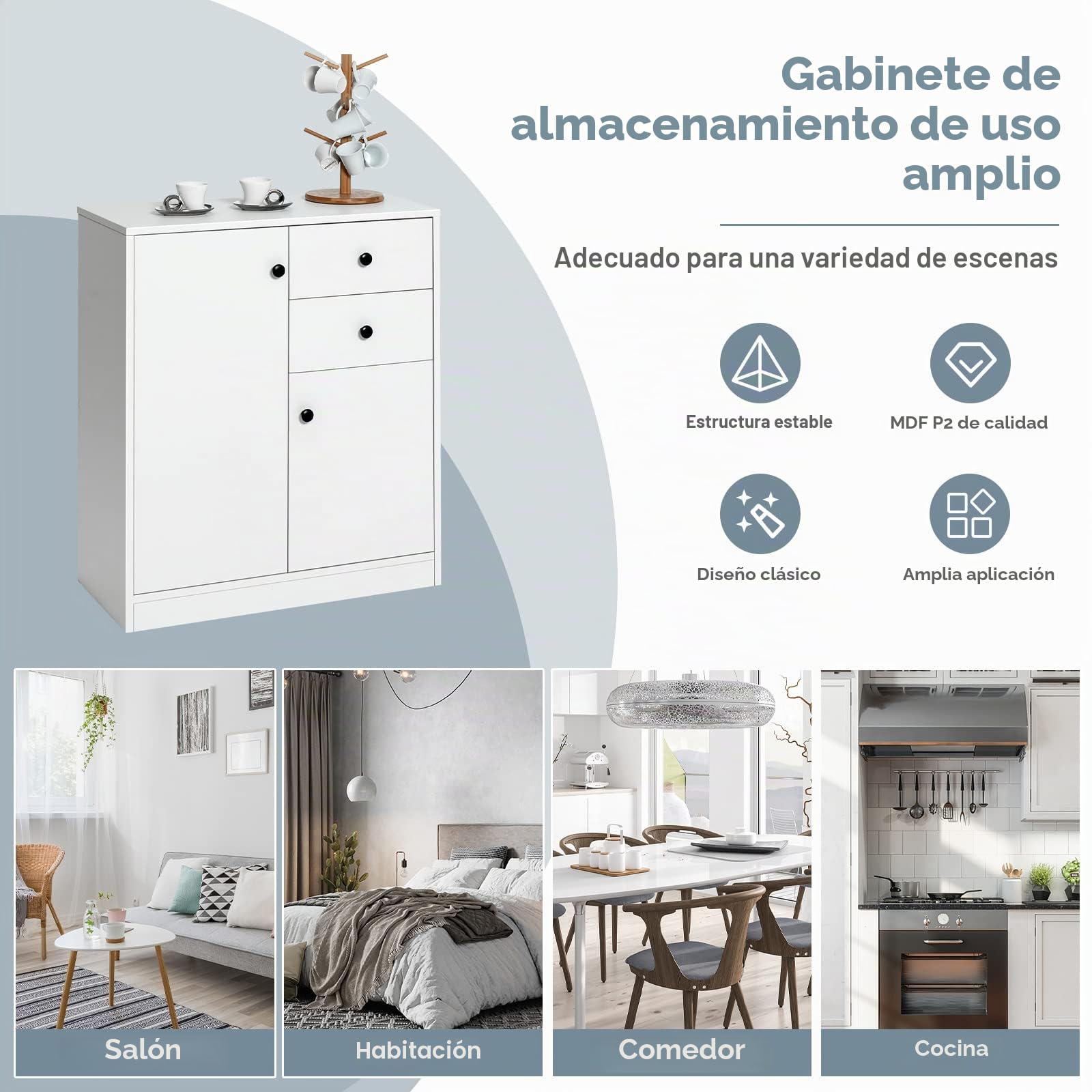 GIANTEX Aparador de Cocina con 2 Puertas y 2 Cajones, Armario de Almacenamiento Moderno, Cómoda de Madera, 72 x 34 x 85,5 cm, Mueble Auxiliar para Cocina, Comedor, Salón, Blanco