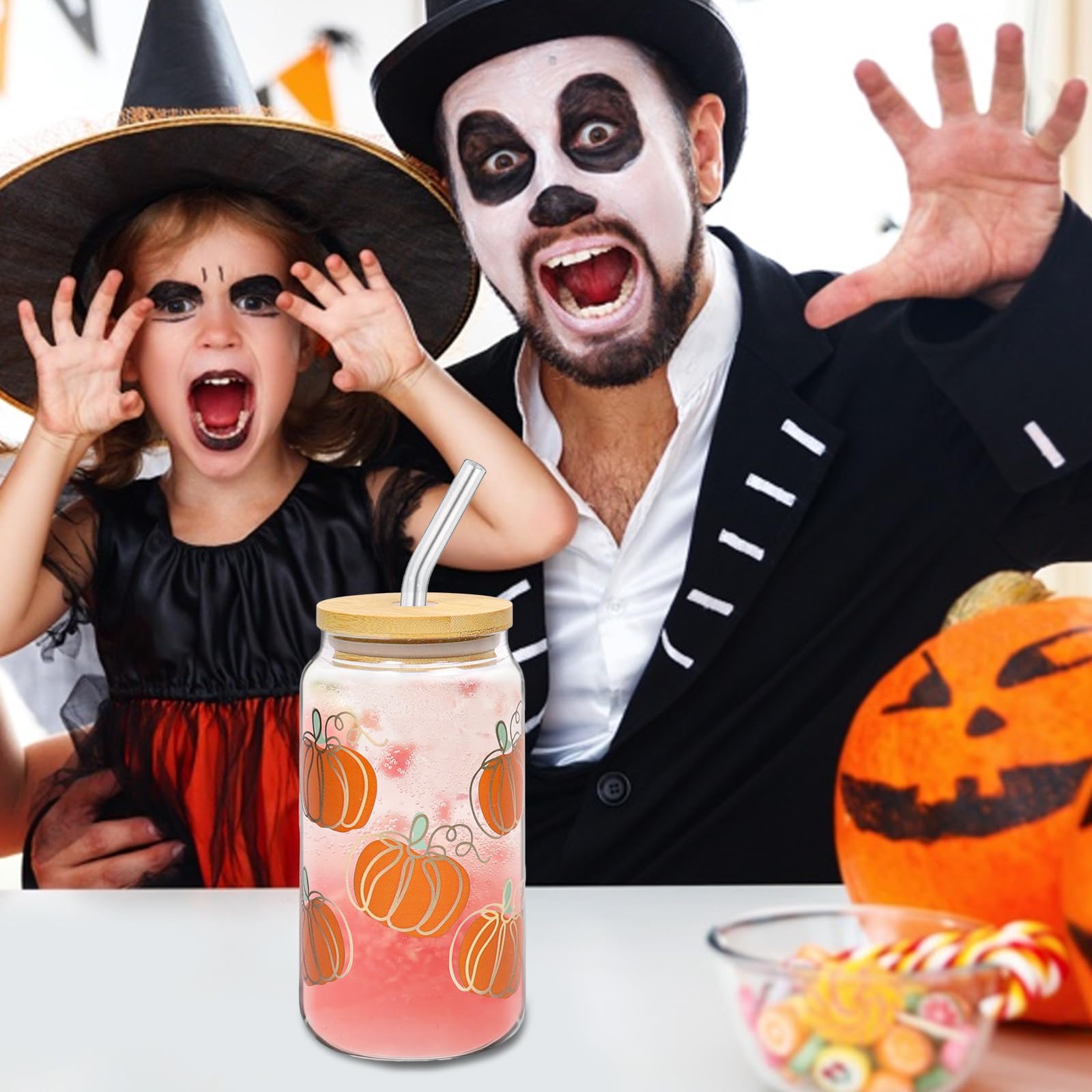 Booaee Bicchiere con Cannuccia,500 ml Bicchiere Vetro con Cannuccia per Halloween Bicchiere con Cannuccia Halloween Zucca Bicchieri per caffè succo di frutta cocktail e altro ancora