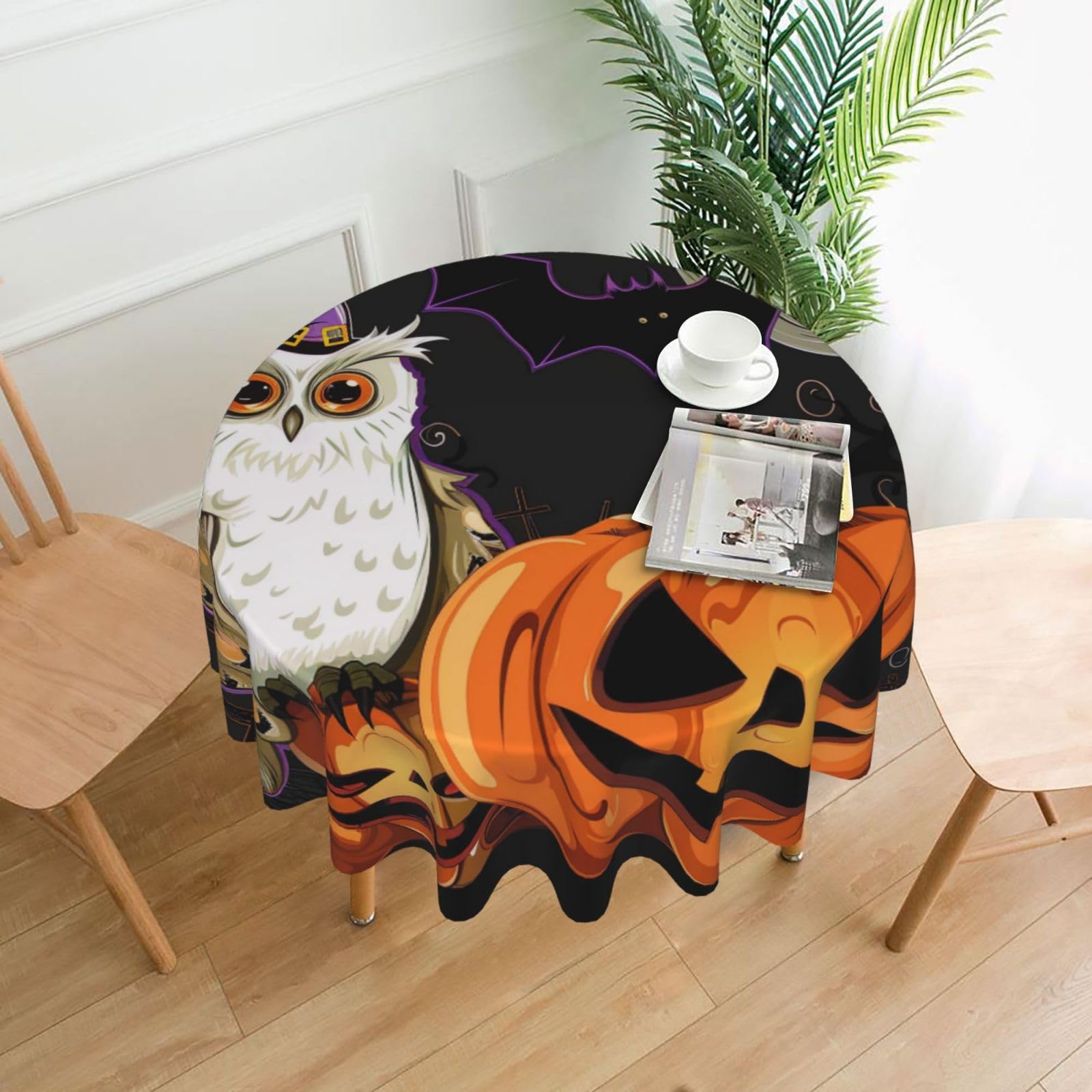 WPKJU Halloween Owl Ghost Pumpkin Printed Round Tablecloth 60 in Water Resistant Table Cover Washable Table Cloth for Dining Tables