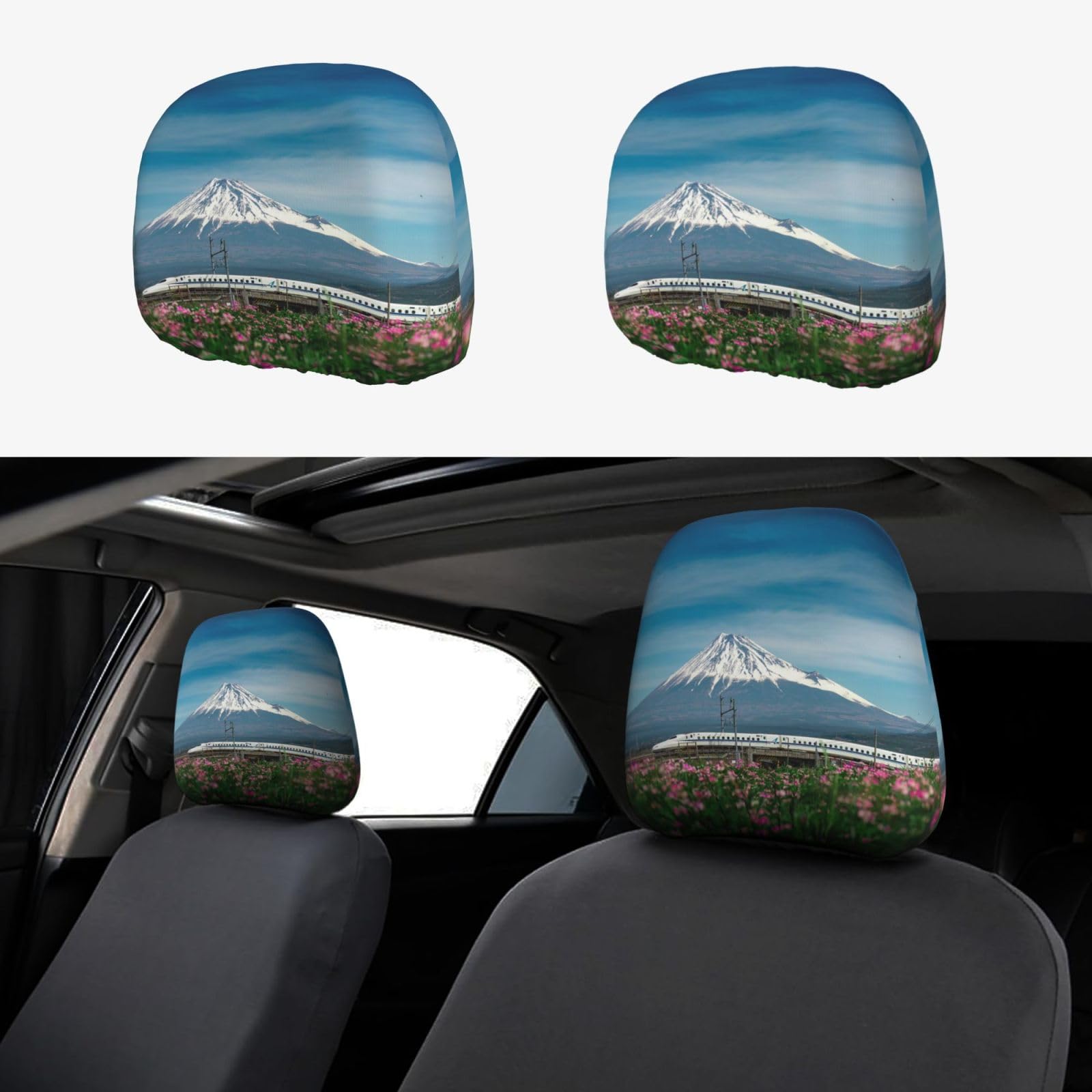 Amazon.co.jp: 車用ヘッドレストカバー 2枚セット 富士山と通る新幹線