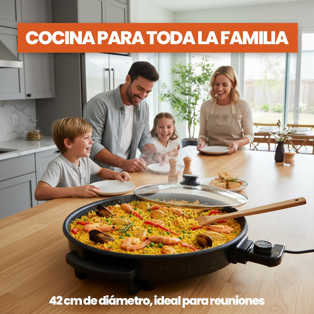Sogo Sartén Paellera Eléctrica Ø42CM Con Tapa Cristal Reforzado - Multicazuela Antiadherente Para Paellas Y Carnes - Plancha Eléctrica Con Termostato 240ºC - Wok Multifunción Que Ahorra Energía