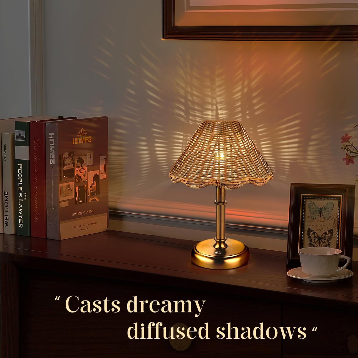 Mini Cordless Boho Rattan Table lamp, 5200-mAh Rechargeable Battery, 3-Level Brightness Dimmable, Build-in Integrated LED 320 Lumen Max, Rattan Shade, for Bedside Restaurant Dining Table