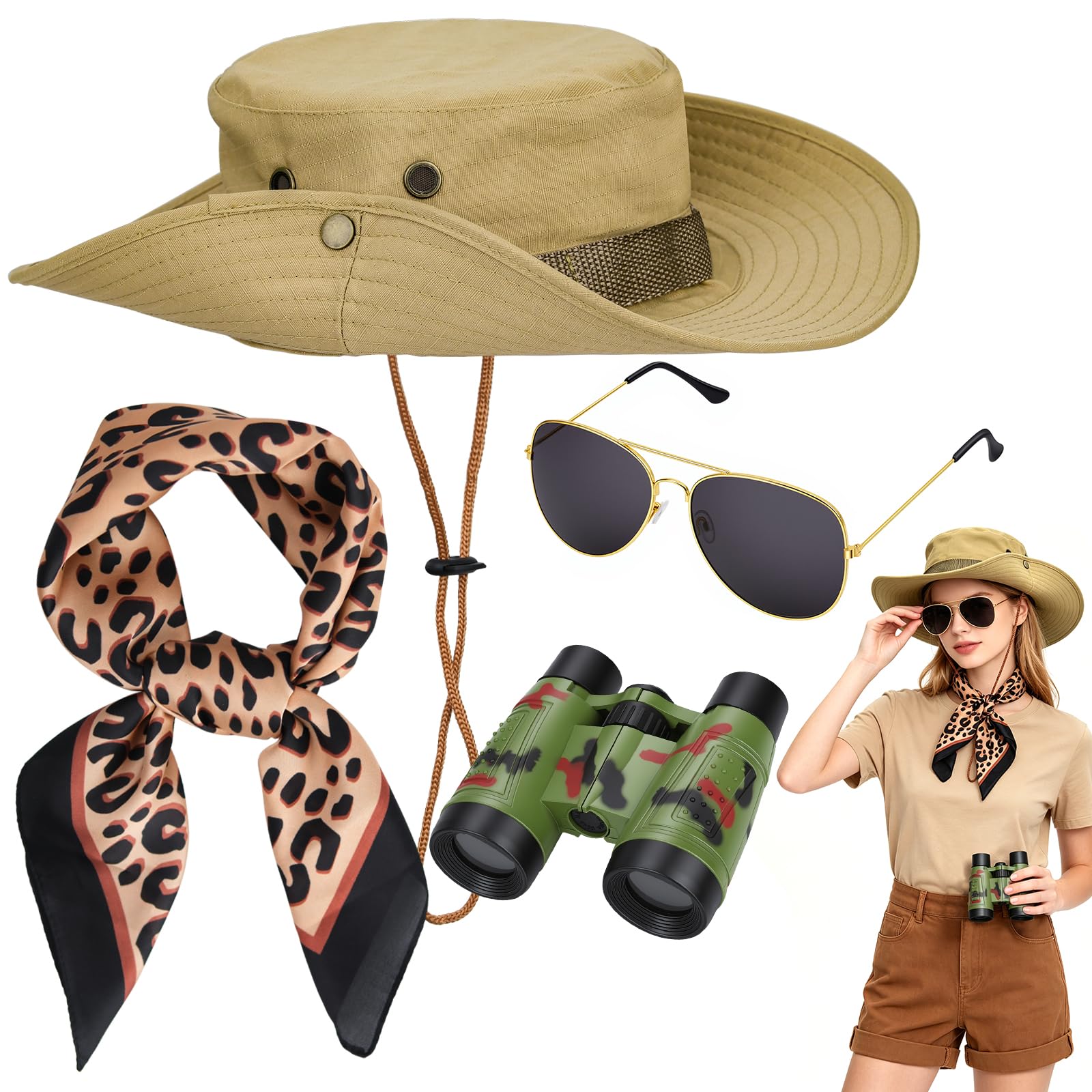 Dreamtop 4 Pcs Safari Costume Accessories Set, Safari Hat Explorer Zoo Keeper Costume with Leopard Print Scarf Binoculars Sunglasses Whistle for Women Men Dress Up (Light Khaki)