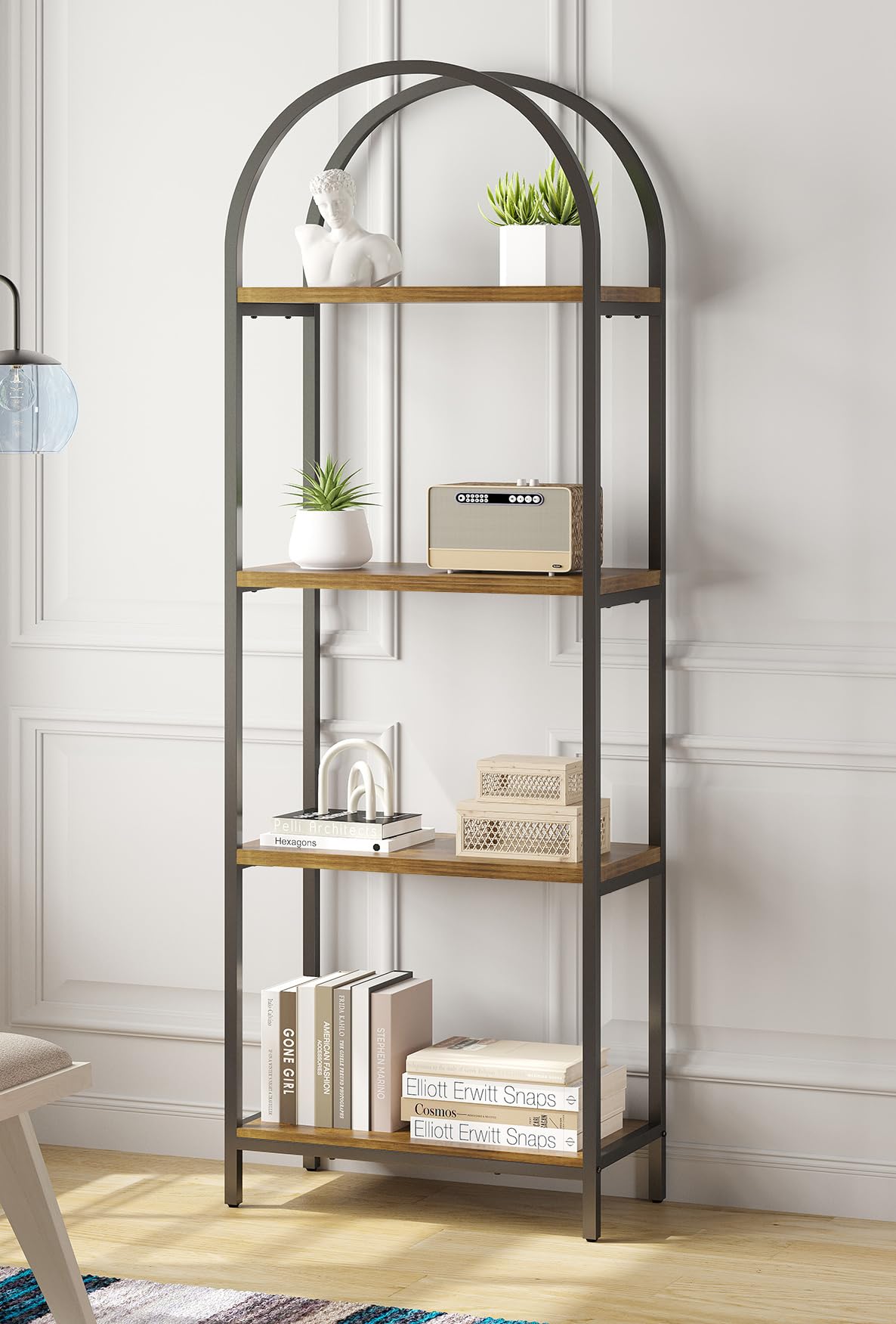 Kogven Bookshelf Arched Bookcase, Industrial 4-Tier Open Book Shelves with Metal Frame, 72" Tall Freestanding Storage Display Rack for Home Office,