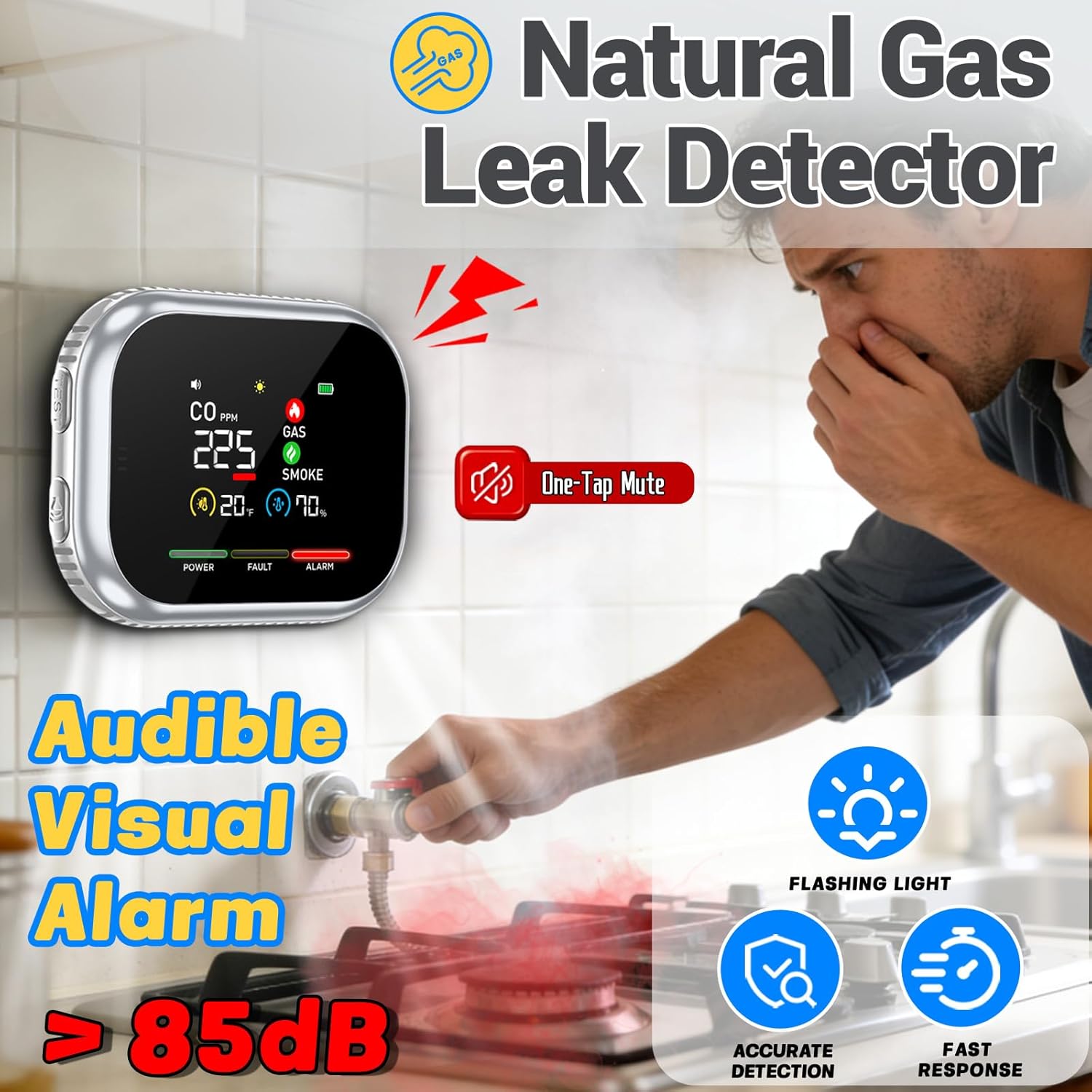 7in1 Portable Smoke Carbon Monoxide Detectors Plug in, Smoke & CO Detector Alarm, Digital Carbon Monoxide Smoke Detector Combo with Natural Gas Detector, Temp & Humidity Sensor for Home RV Travel