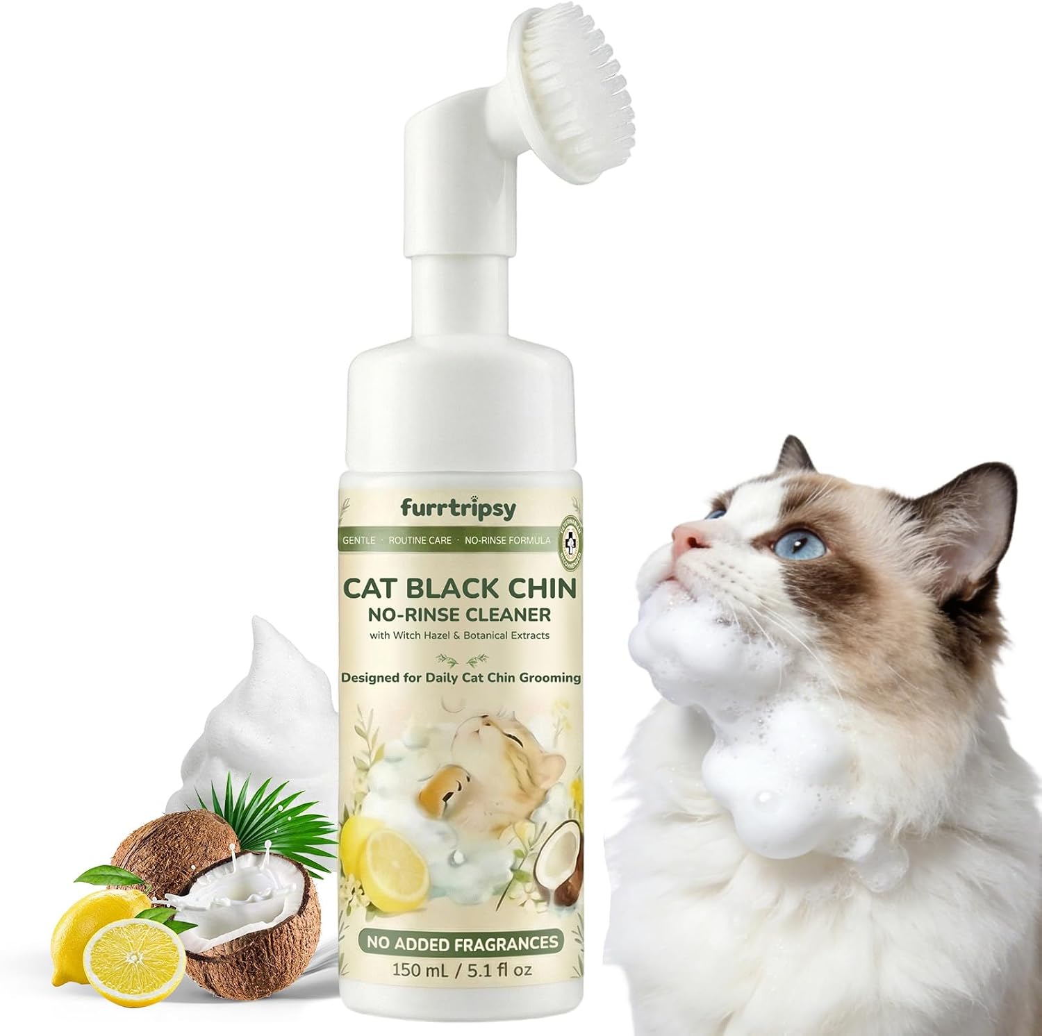 Cat Black Chin Cleaner-Reduce Blackheads and Dirt-No-Rinse Mousse with Built-in Silicone Brush - Witch Hazel and Sophora Extract-pH Balanced Gentle 2-in-1 Grooming 5.1 fl oz