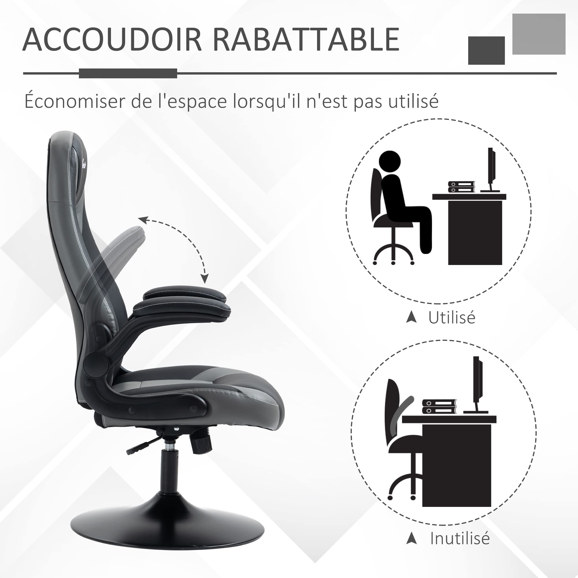 Vinsetto Chaise de Gaming Ergonomique avec Base Ronde métal pivotante 360° Hauteur réglable têtière accoudoirs relevables PVC Gris Noir