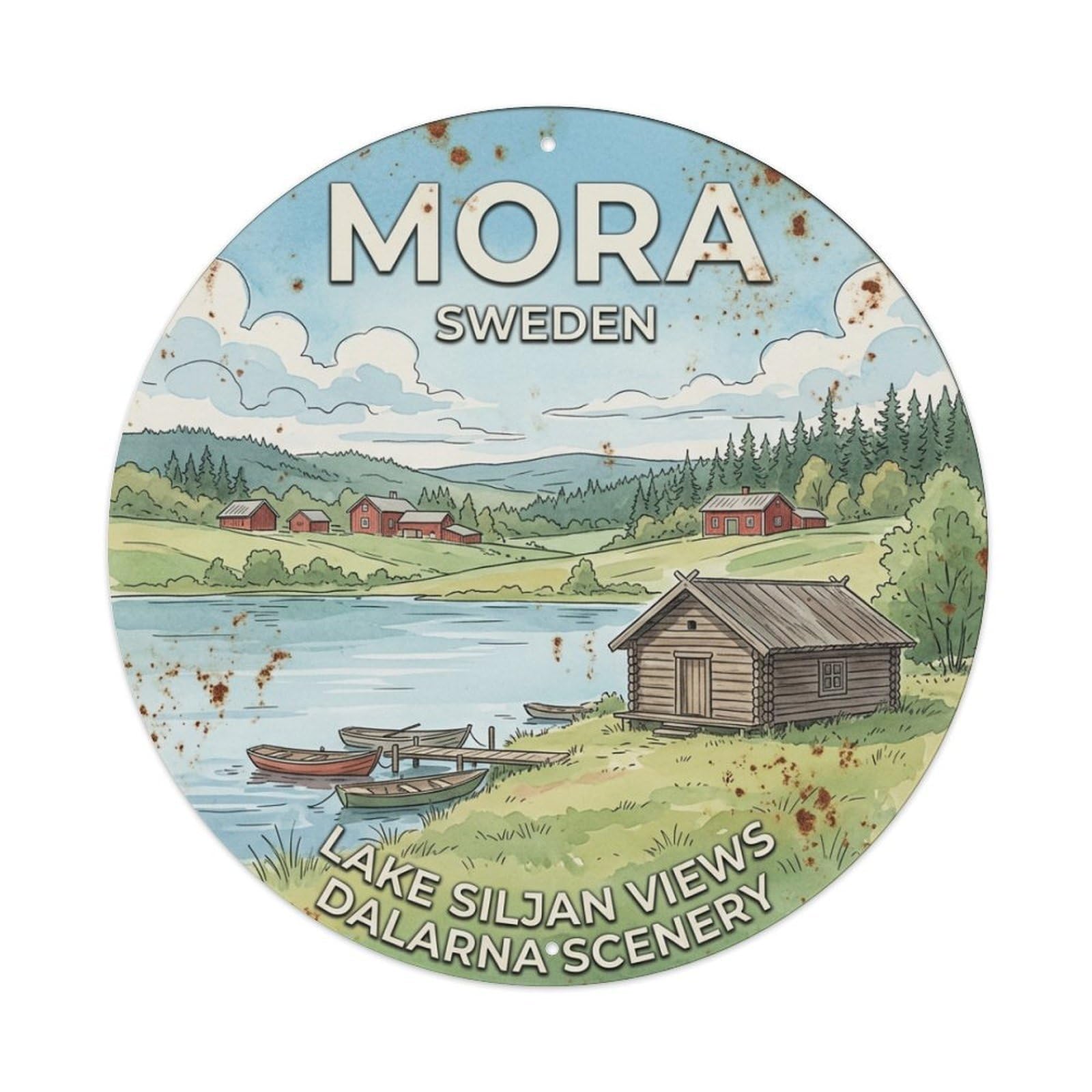 Vintage Travel Mora Sweden Lakeside Metal Tin Sign