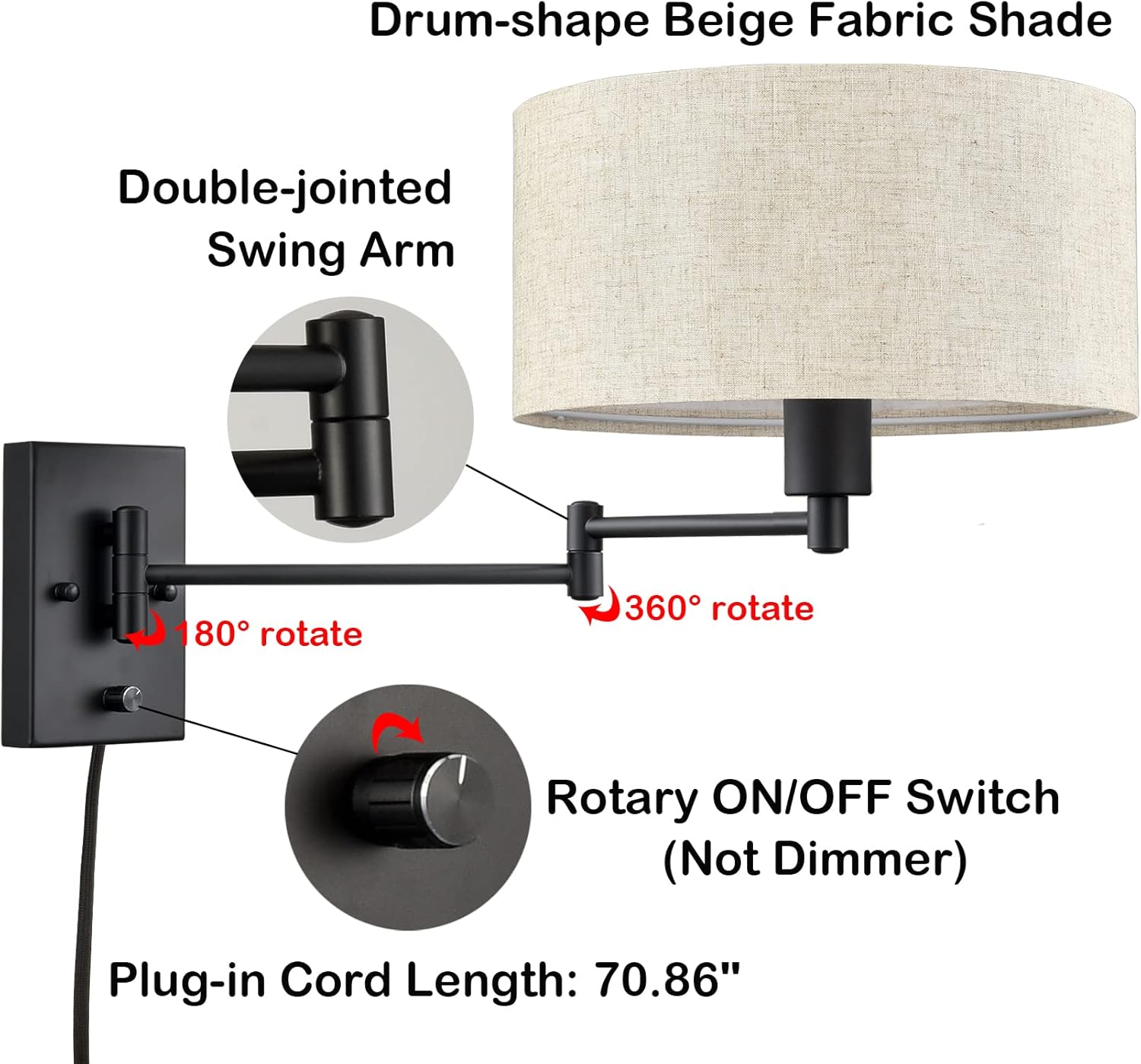 Black Swing Arm Wall Sconce with Fabric Drum Shade