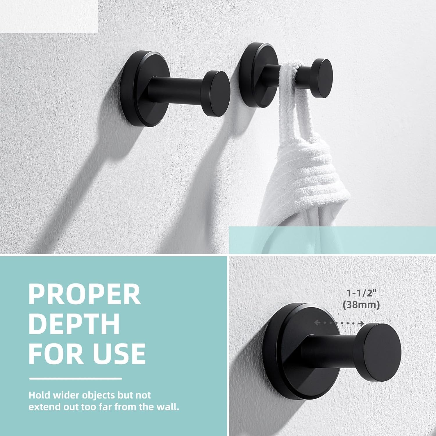 Angle Simple Coat Hook 2 PCS Bundle with Square Towel Ring (Matte Black)