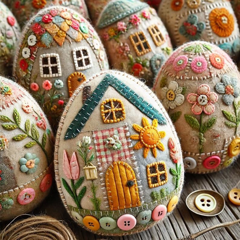 Pootelifys Patchwork Felt Egg House DIY Kit, Hand-Embroidered Felt Easter Egg Kit (with Material Pack),Home Easter Party Decoration Supplies (C)