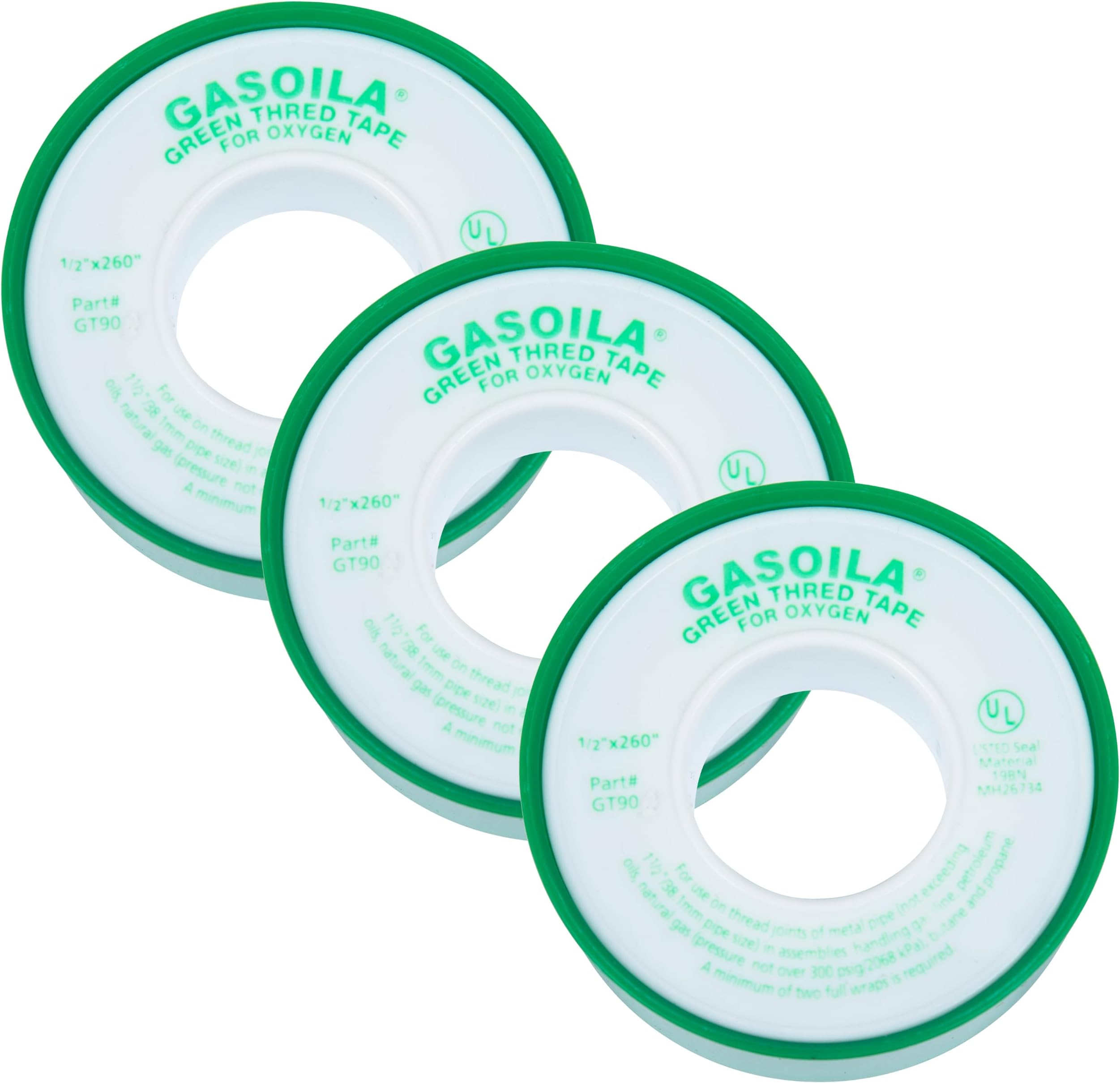 Gasoila Green PTFE High Density Thread Tape for Oxygen, -450 to 550 Degree F Performance Temp, 3.7 mil Thick, 260" Length, 1/2" Width, 3-pack (GT90-3)