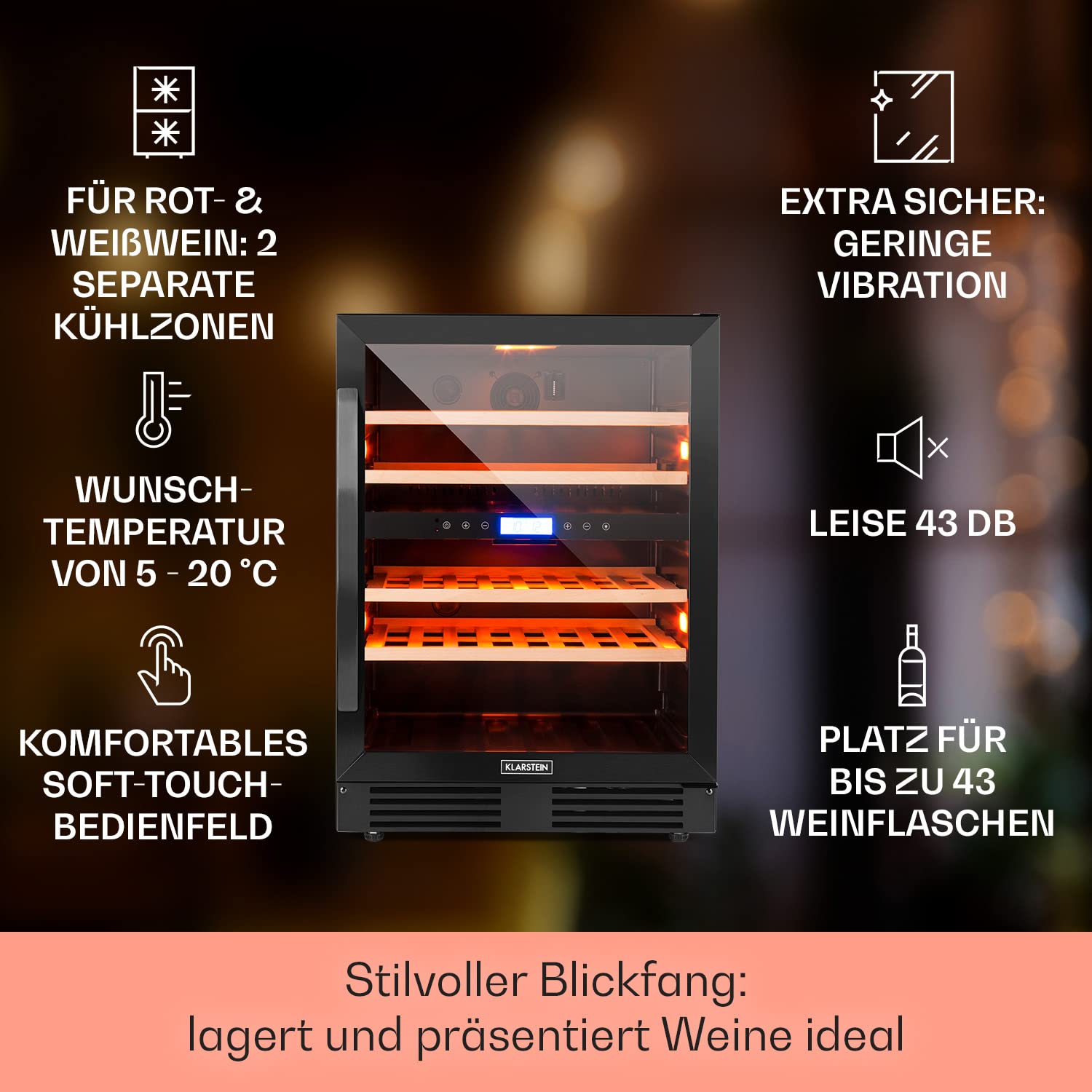 Klarstein Einbau-Weinkühlschrank 2 Zonen 129L 43 Flaschen Glastür