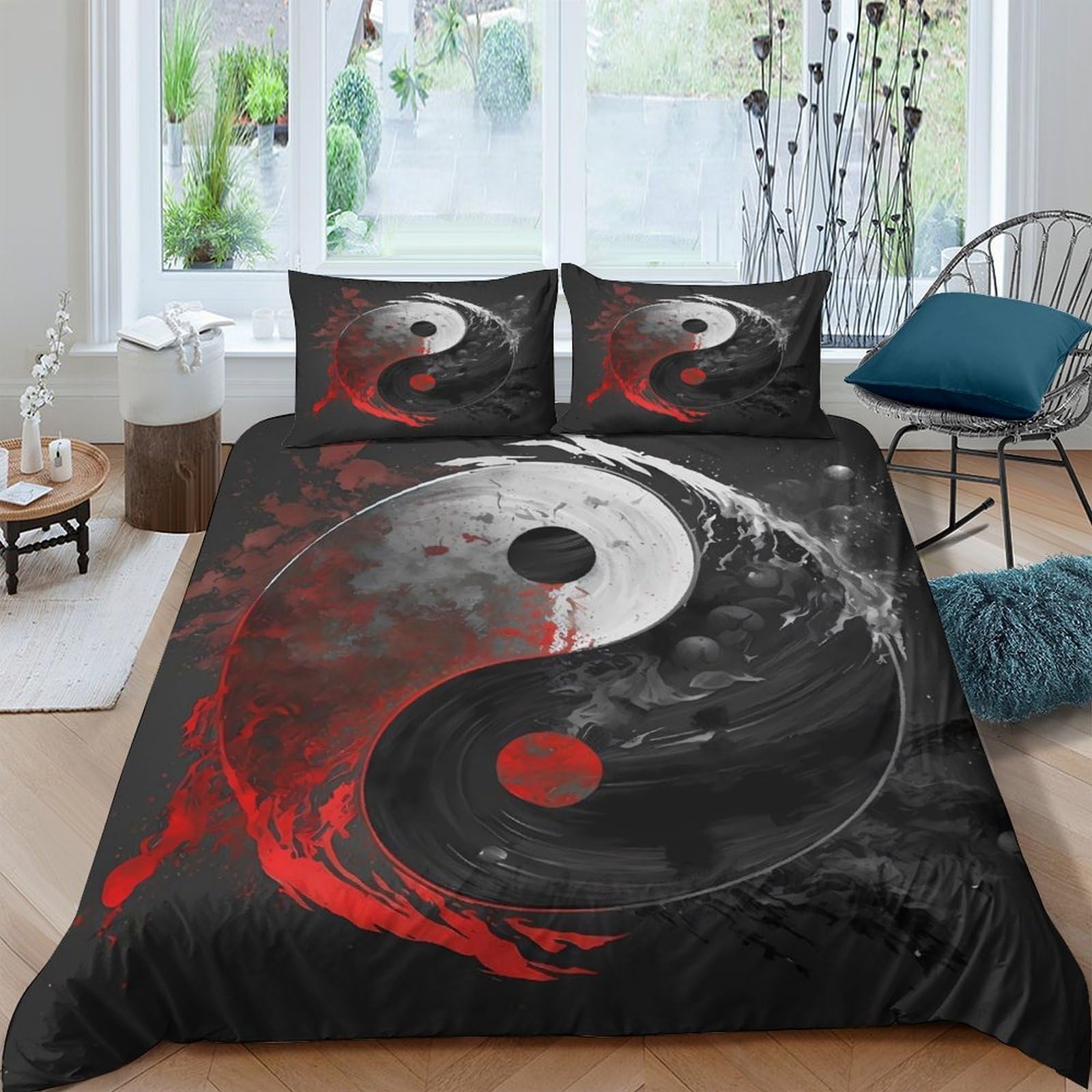 Ctjqhvkz Style-1 3D Printed Yin Yang Fitted Sheet Microfiber Black Red Artistic Bed Cover For Bedroom Dorm Mattress Protection Decor Single（135X200cm）