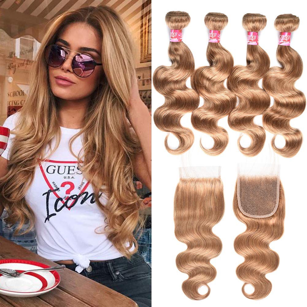 XCCOCO 4 Bundles Honey Blonde Body Wave with Lace Closure 8A Peruvian Virgin Remy Human Hair Bundles Deals and 4x4 Lace Frontal Closure (16 18 20 22inch+14inch Closure)