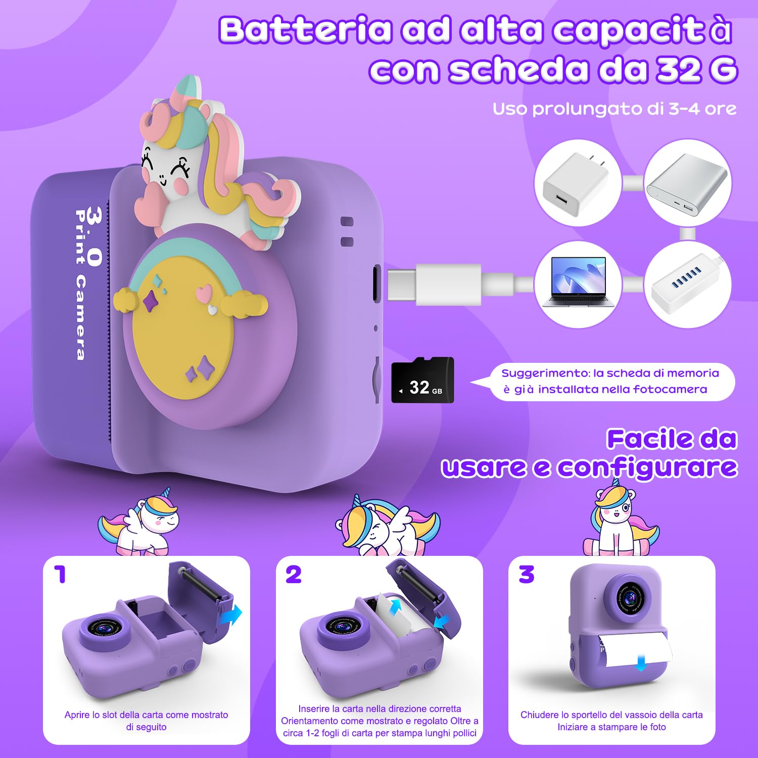 Macchina Fotografica Bambini Istantanea,3.0''Schermo HD 48MP Fotocamera Digitale Bambini con Scheda da 32 GB e 5 Rotoli di Carta da Stampa, Giocattolo Regalo Natale Bambino e Bambina 3-12 Anni（Purple）
