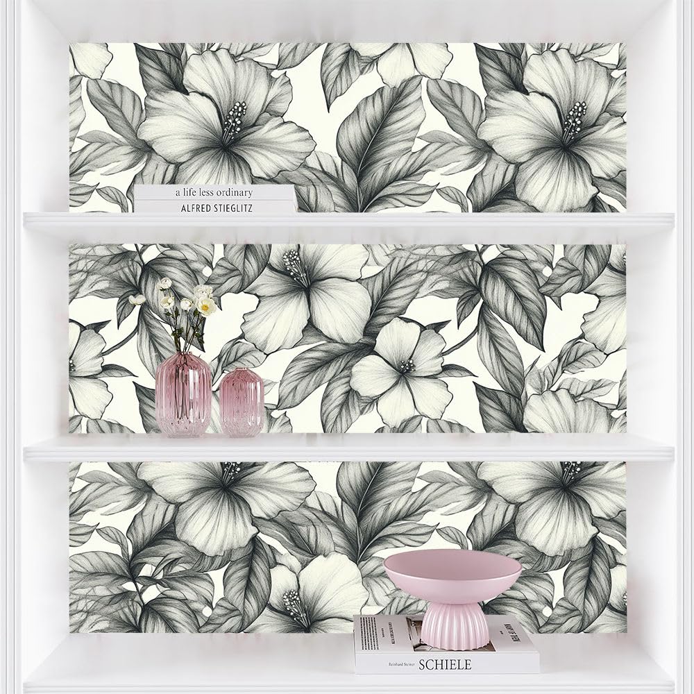 Papel pintado autoadhesivo Floral en blanco y negro Papel tapiz adhesivo Flor retro Plástico adhesivo impermeable para la parte posterior de la sala de estar el dormitorio los muebles el vinilo para