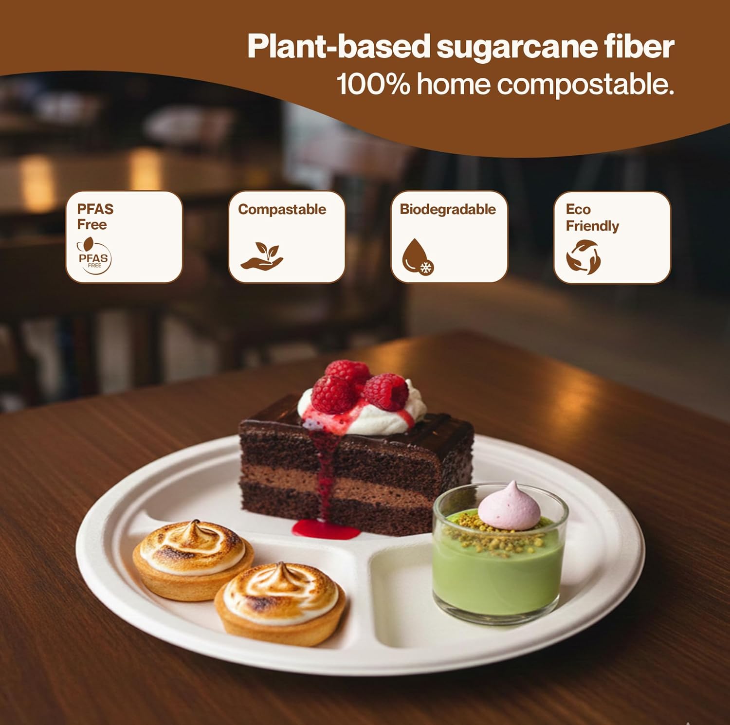 Gracz 10-Inch 3-Compartment Heavy-Duty Compostable Disposable Plates – Premium Sugarcane Fiber Round Plates for Restaurants, Food Trucks, Catering, Healthcare & Home, 125 Count